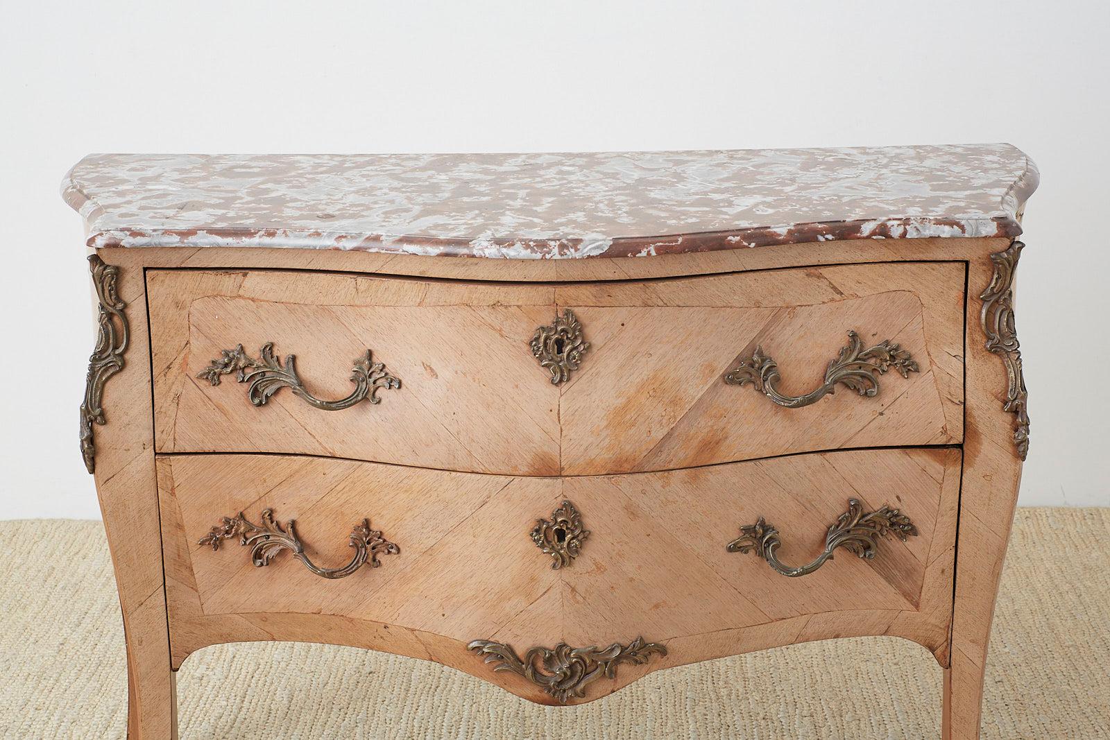 French Louis XV Style Marble-Top Bombe Dresser Commode In Distressed Condition In Rio Vista, CA