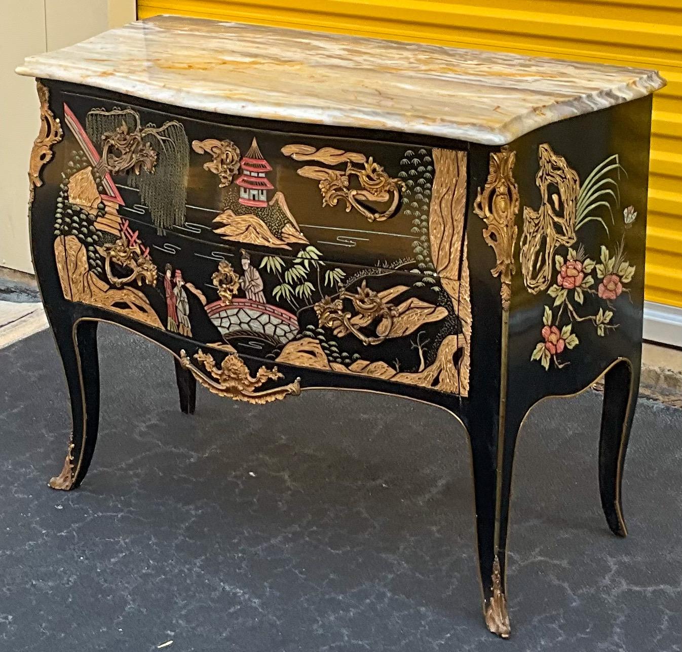 French Louis XV Style Marble Top Chest / Commode - Chinoiserie & Bronze   1