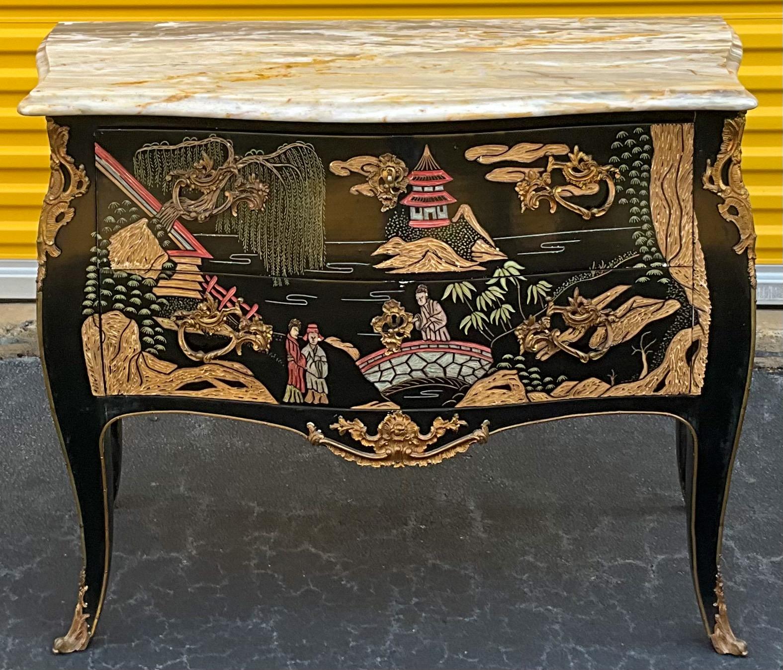 French Louis XV Style Marble Top Chest / Commode - Chinoiserie & Bronze   2