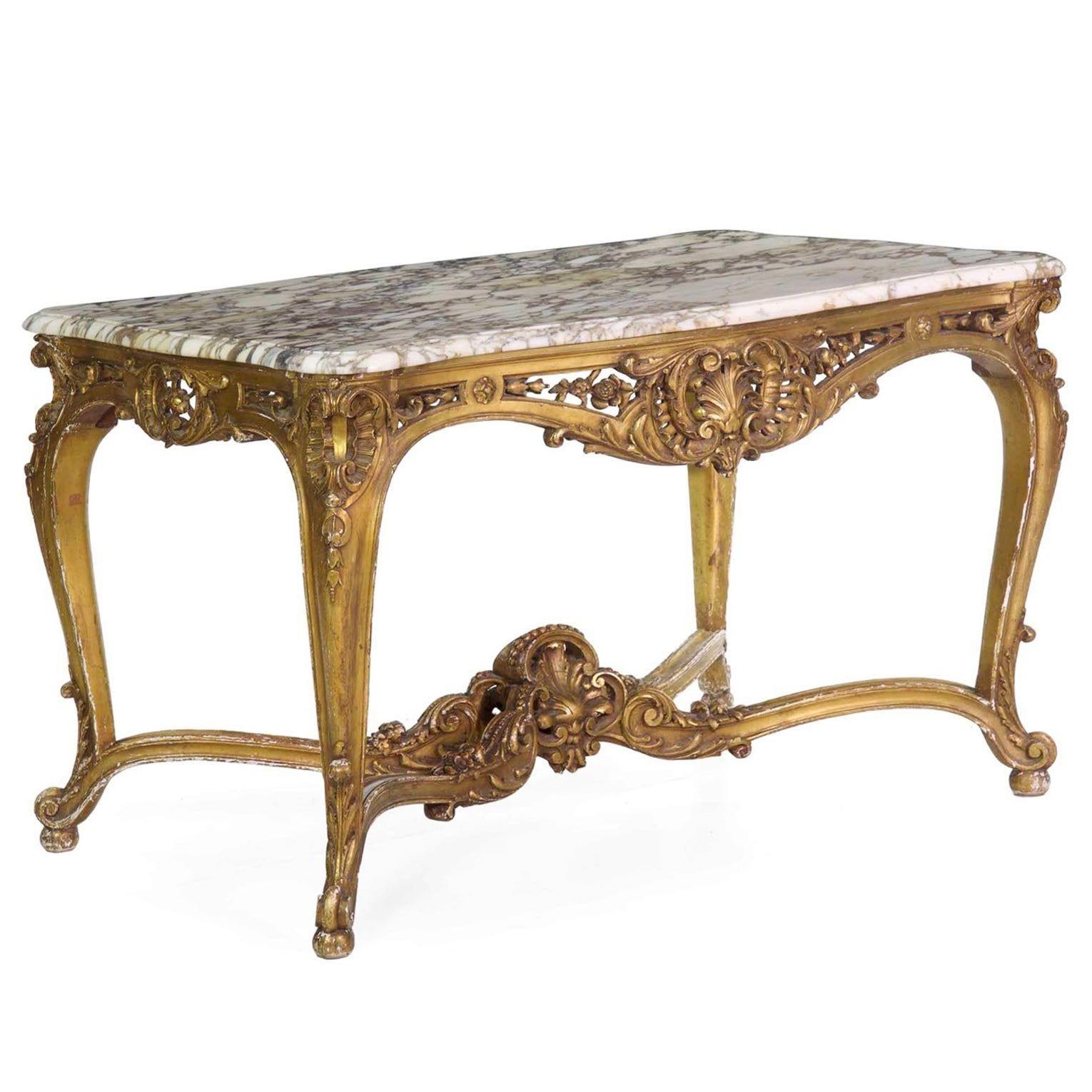 FINE FRENCH LOUS XV GILTWOOD CENTER TABLE
Circa 1870, with original breche violet marble top
Item # 801XGP27E 

An exceptional center table from the third quarter of the 19th century, this magnificent presentation piece was designed to be the
