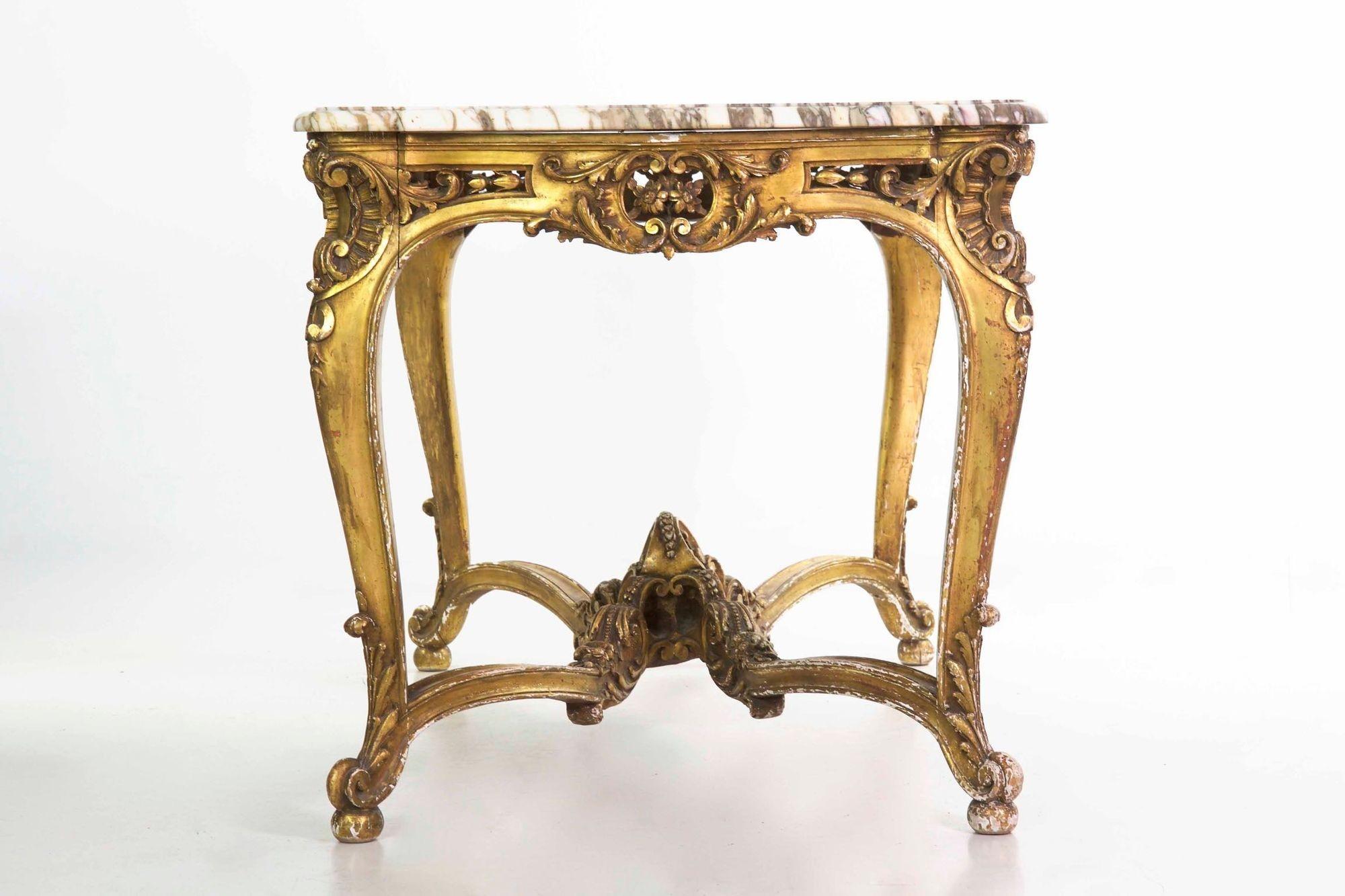 French Louis XV Style Marble Top & Giltwood Console Center Table, circa 1870 In Good Condition For Sale In Shippensburg, PA