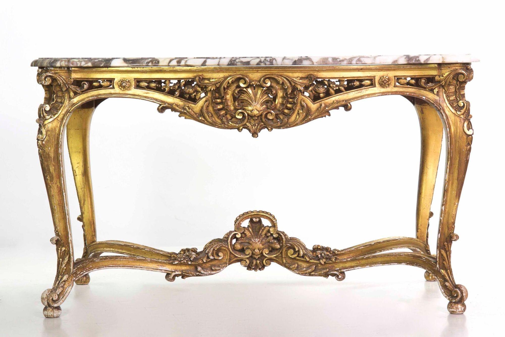 19th Century French Louis XV Style Marble Top & Giltwood Console Center Table, circa 1870 For Sale