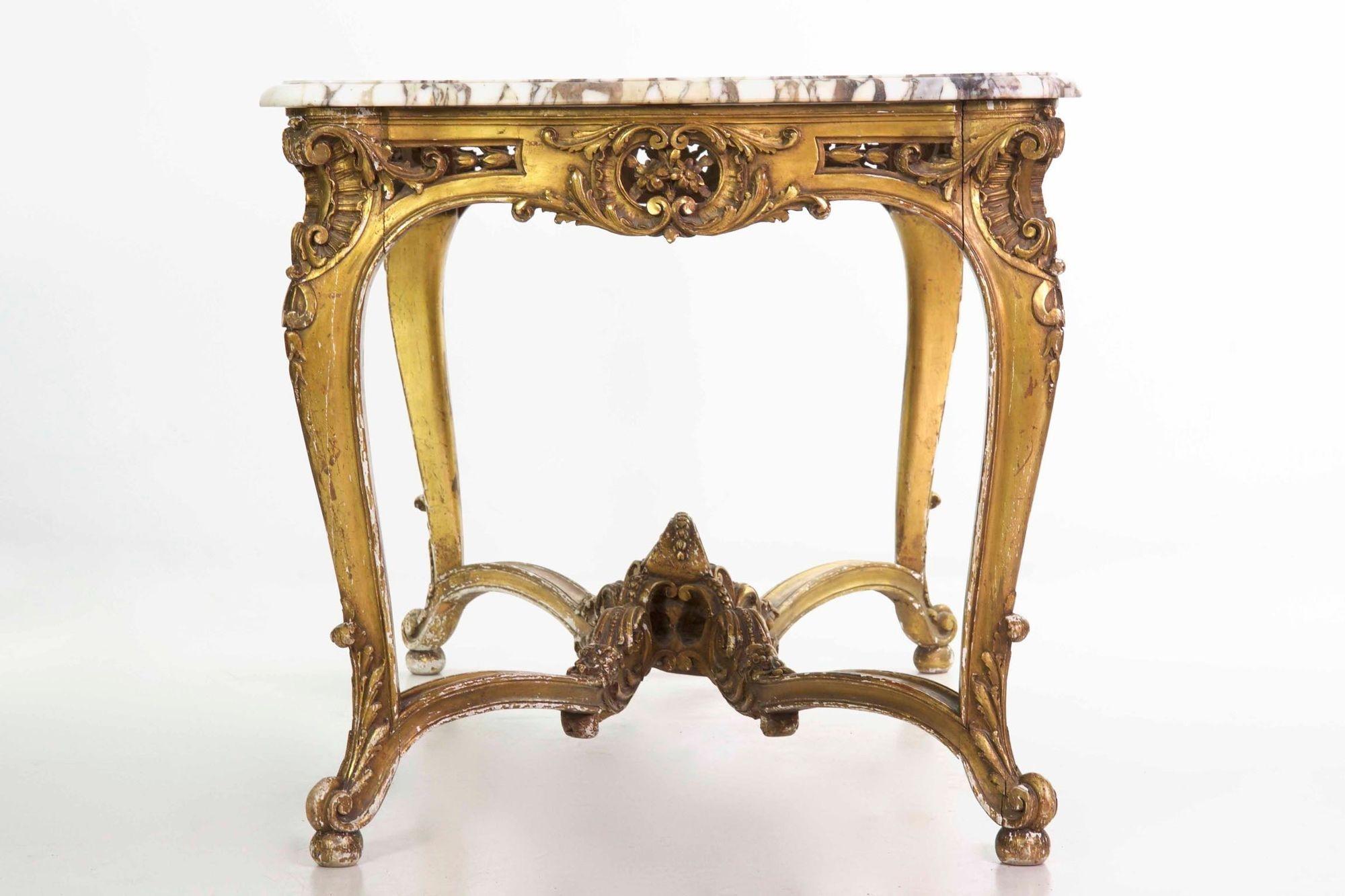 Breccia Marble French Louis XV Style Marble Top & Giltwood Console Center Table, circa 1870 For Sale