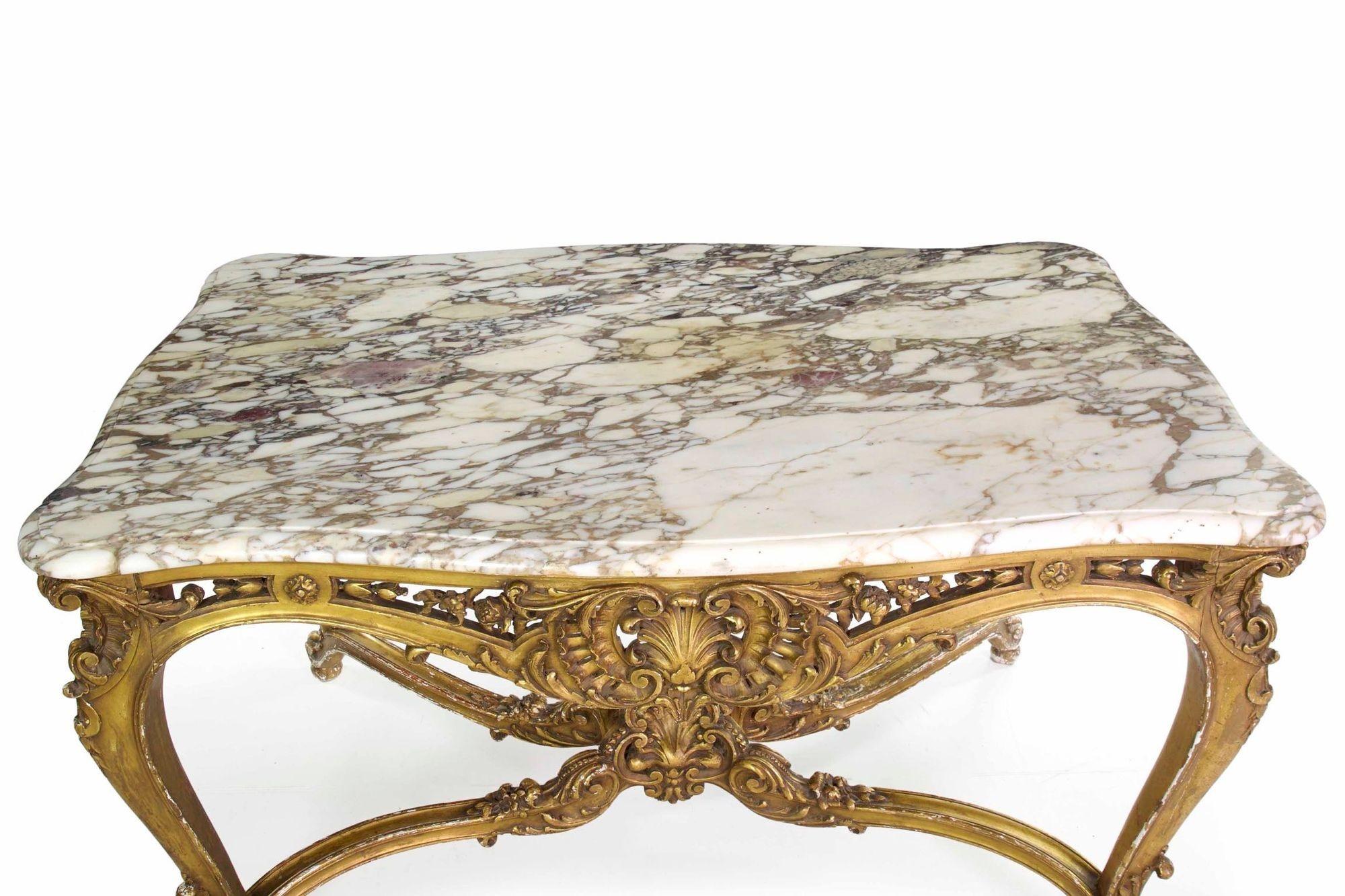 French Louis XV Style Marble Top & Giltwood Console Center Table, circa 1870 For Sale 1