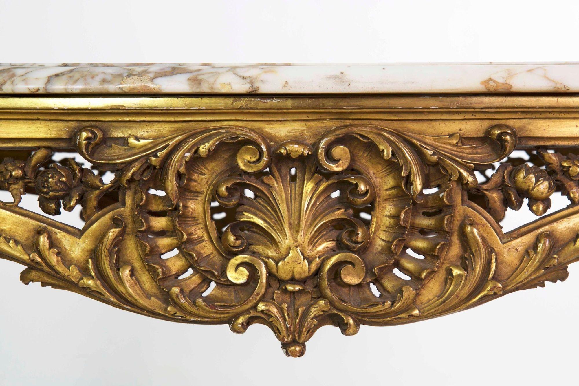French Louis XV Style Marble Top & Giltwood Console Center Table, circa 1870 For Sale 2