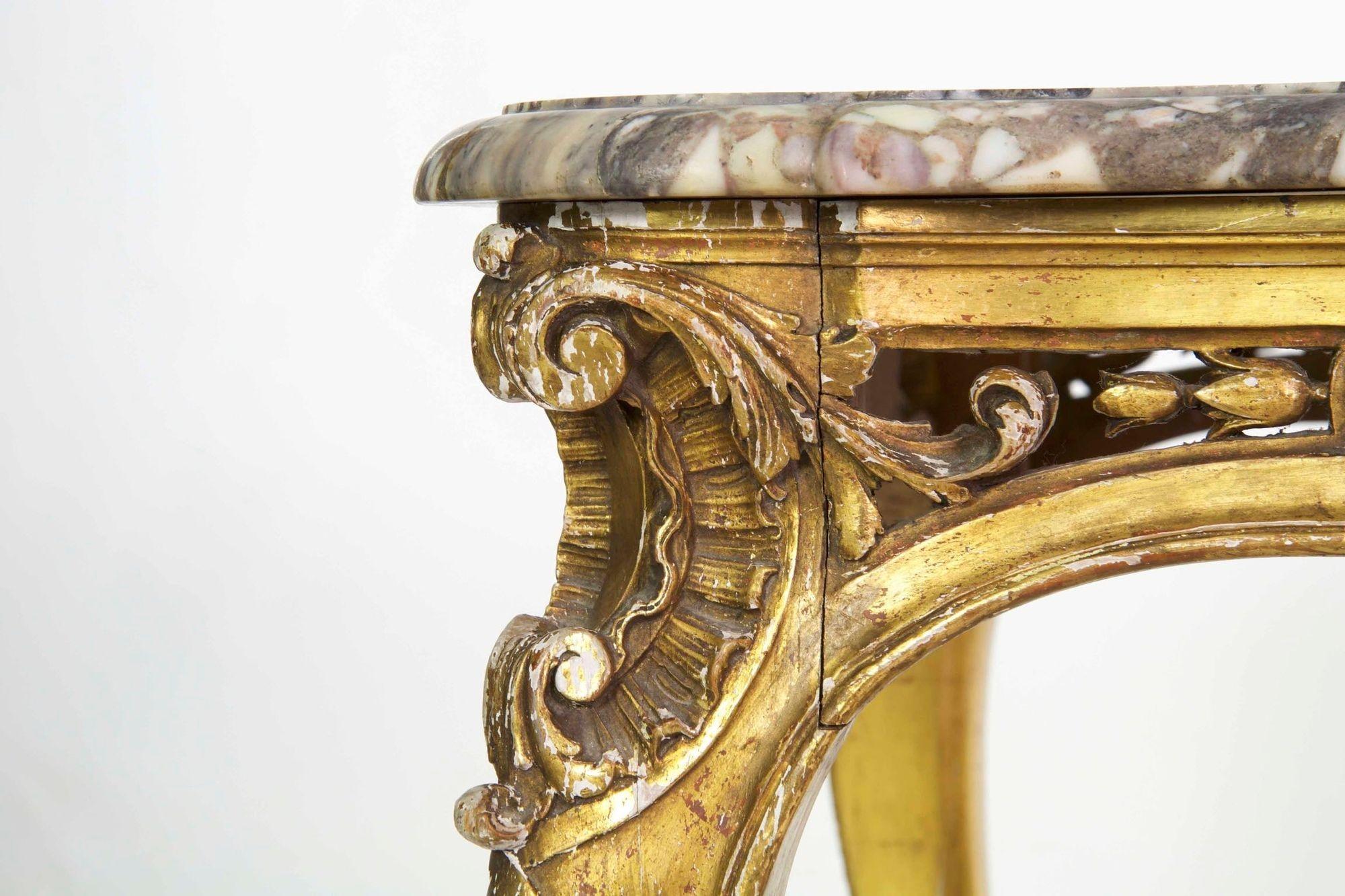 French Louis XV Style Marble Top & Giltwood Console Center Table, circa 1870 For Sale 3