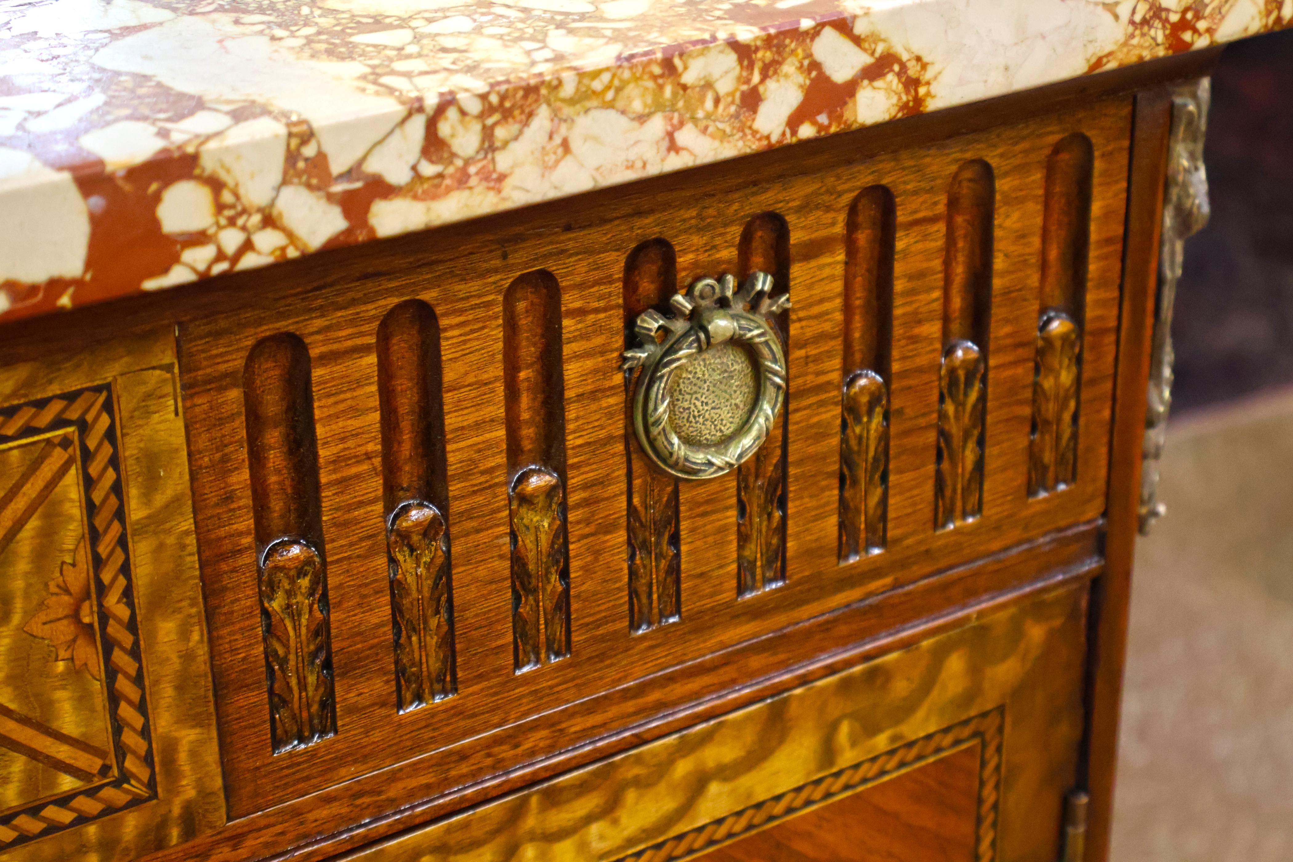 French Louis XV Style Marble Top Inlaid High Dresser High Chest Circa 1920's in vendita 7