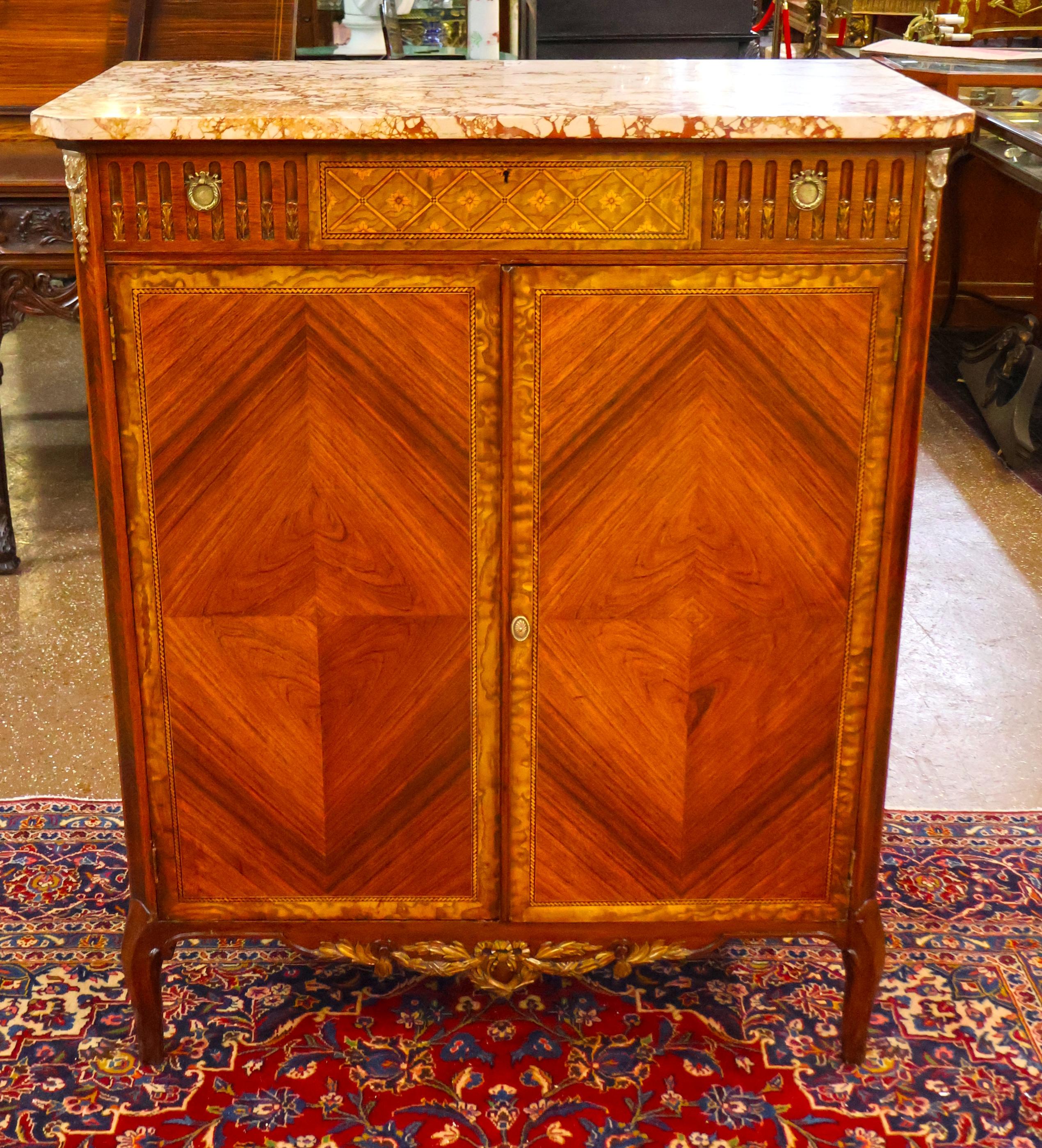 Luigi XV French Louis XV Style Marble Top Inlaid High Dresser High Chest Circa 1920's in vendita