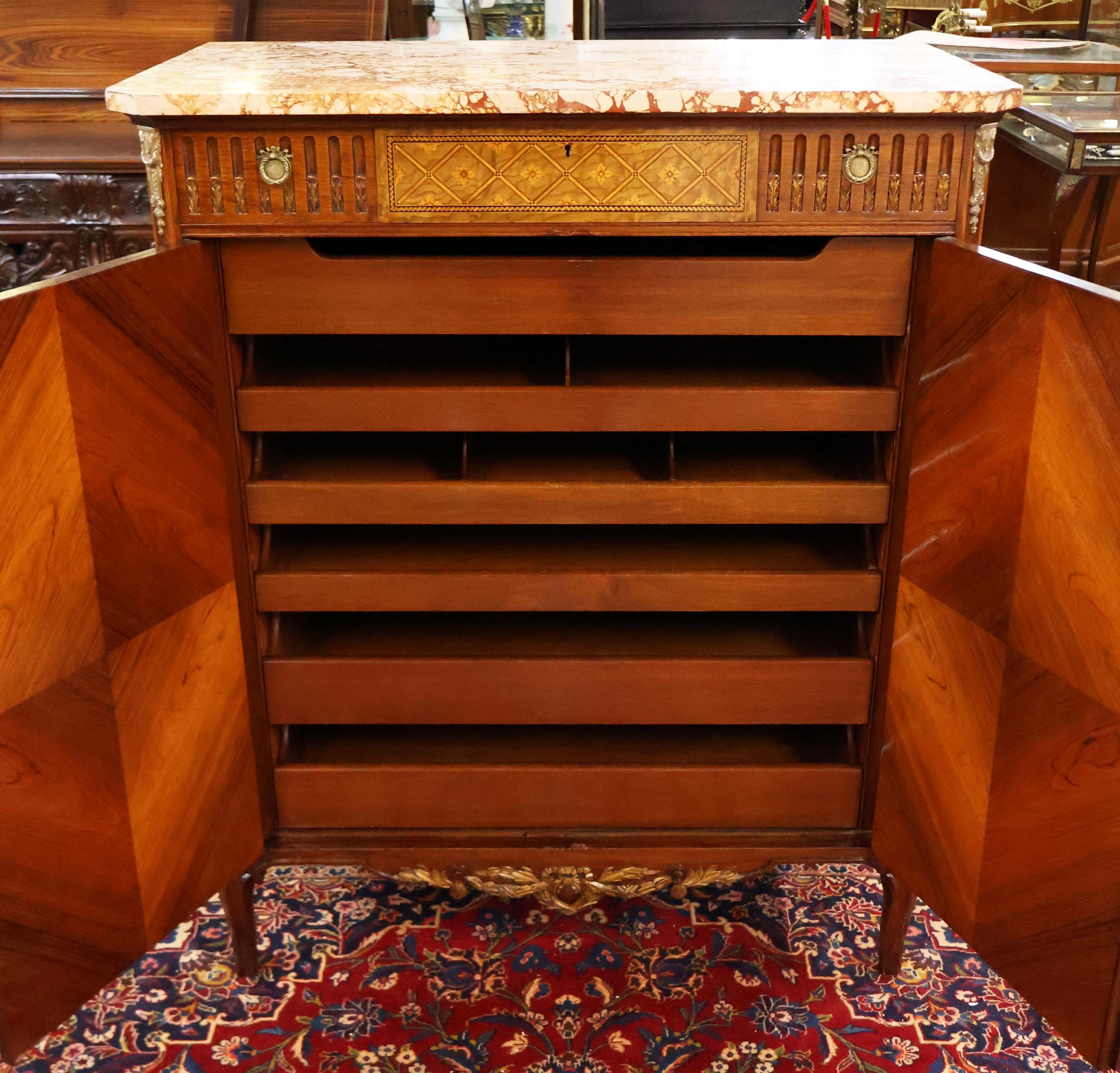 Noce French Louis XV Style Marble Top Inlaid High Dresser High Chest Circa 1920's in vendita
