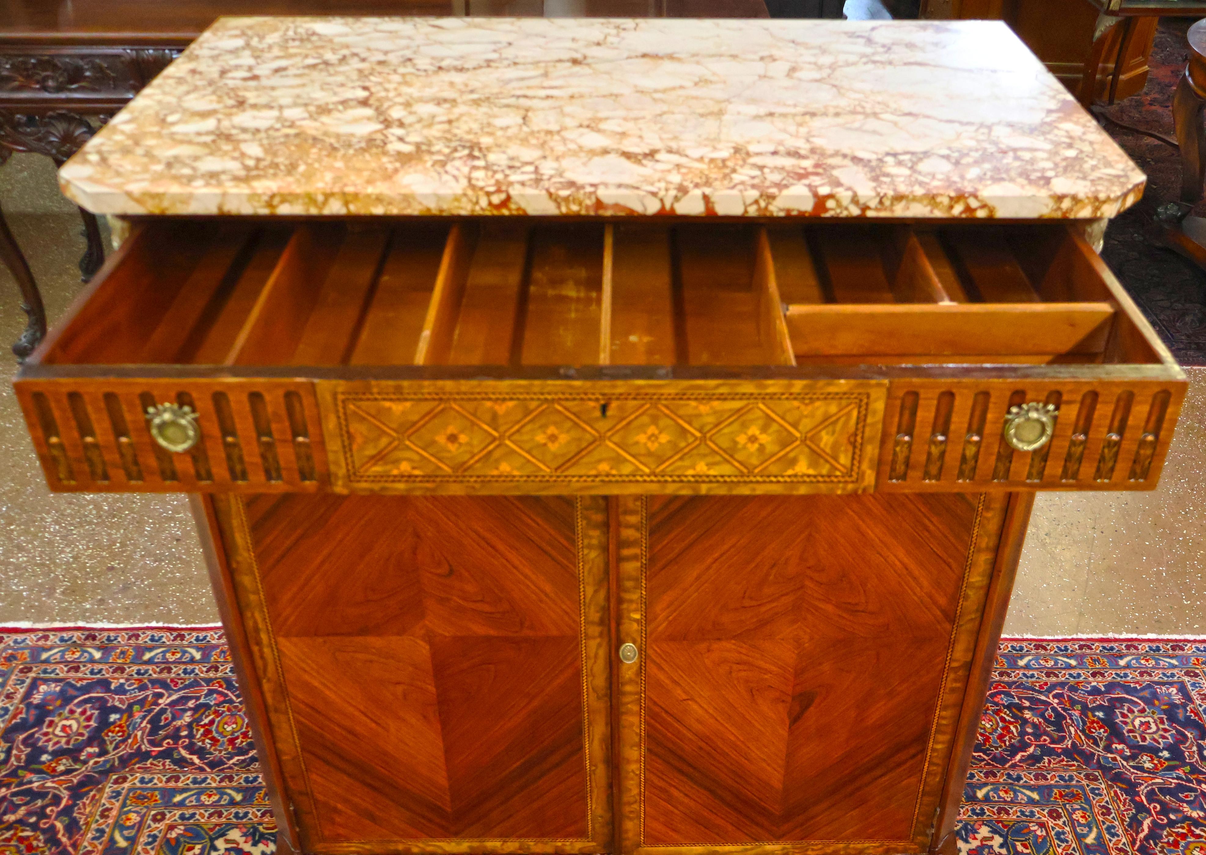French Louis XV Style Marble Top Inlaid High Dresser High Chest Circa 1920's in vendita 1