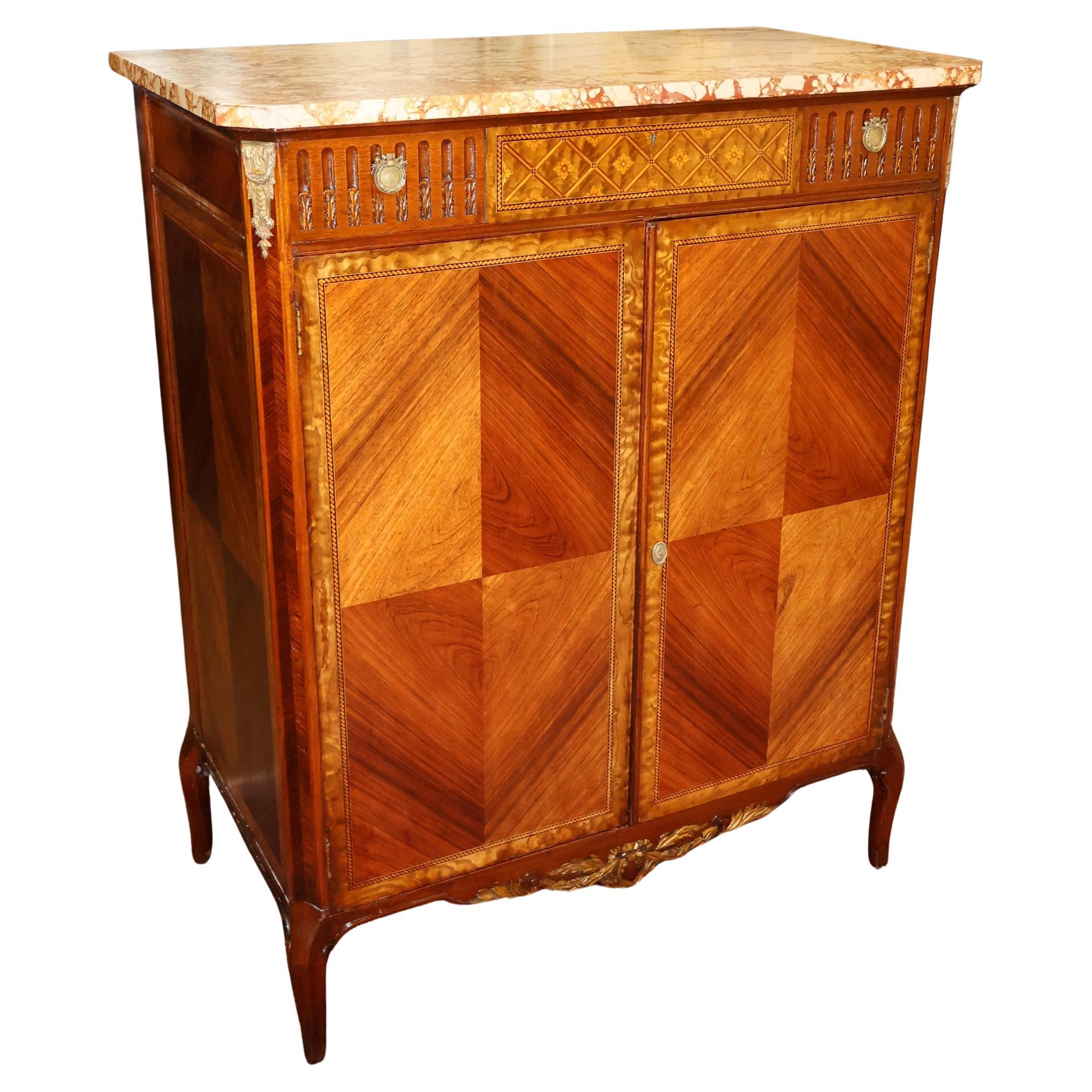 French Louis XV Style Marble Top Inlaid High Dresser High Chest Circa 1920
s