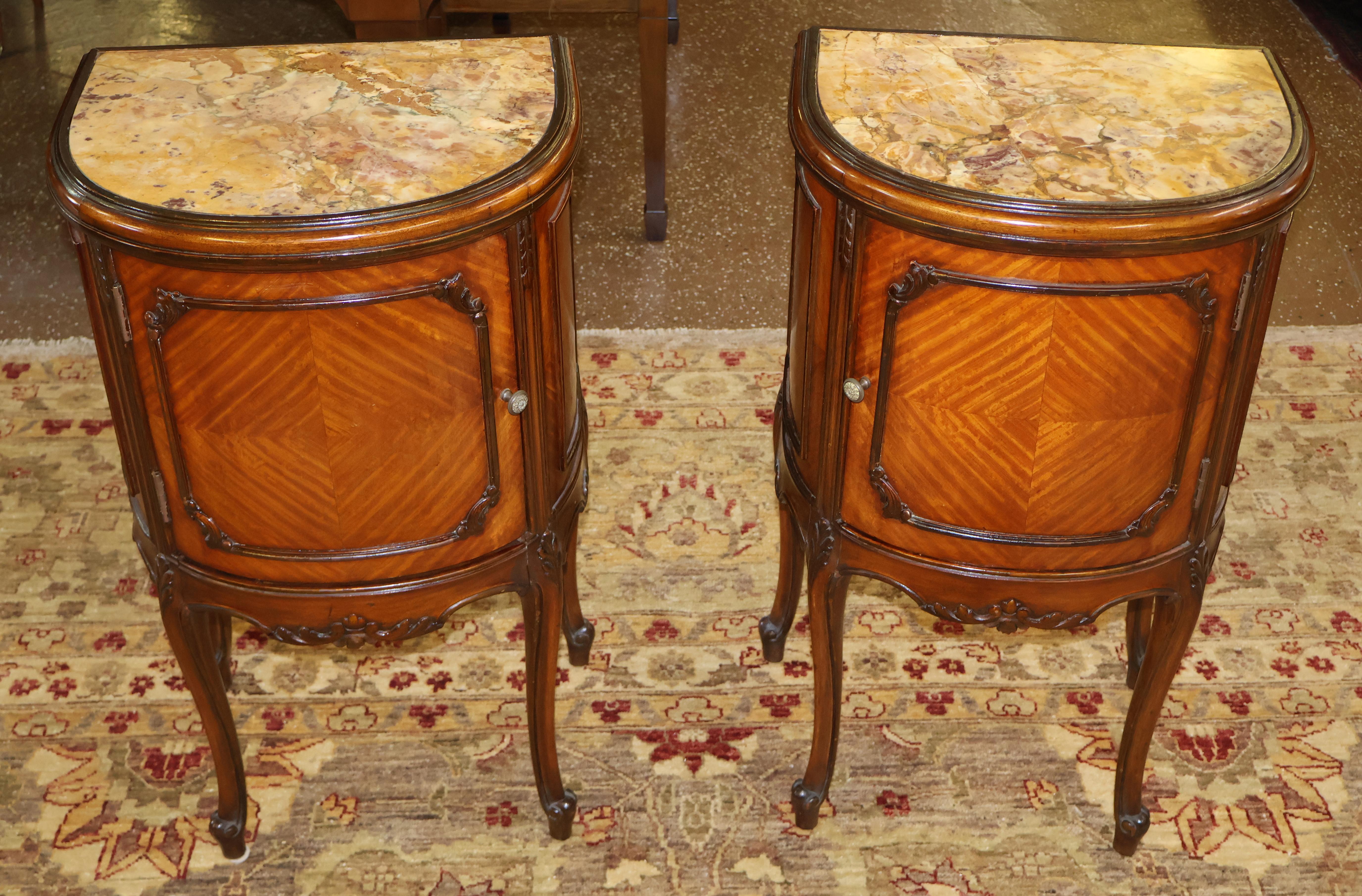 French Louis XV Style Marble Top Kingwood End Table Nightstands Circa 1920's In Good Condition In Long Branch, NJ