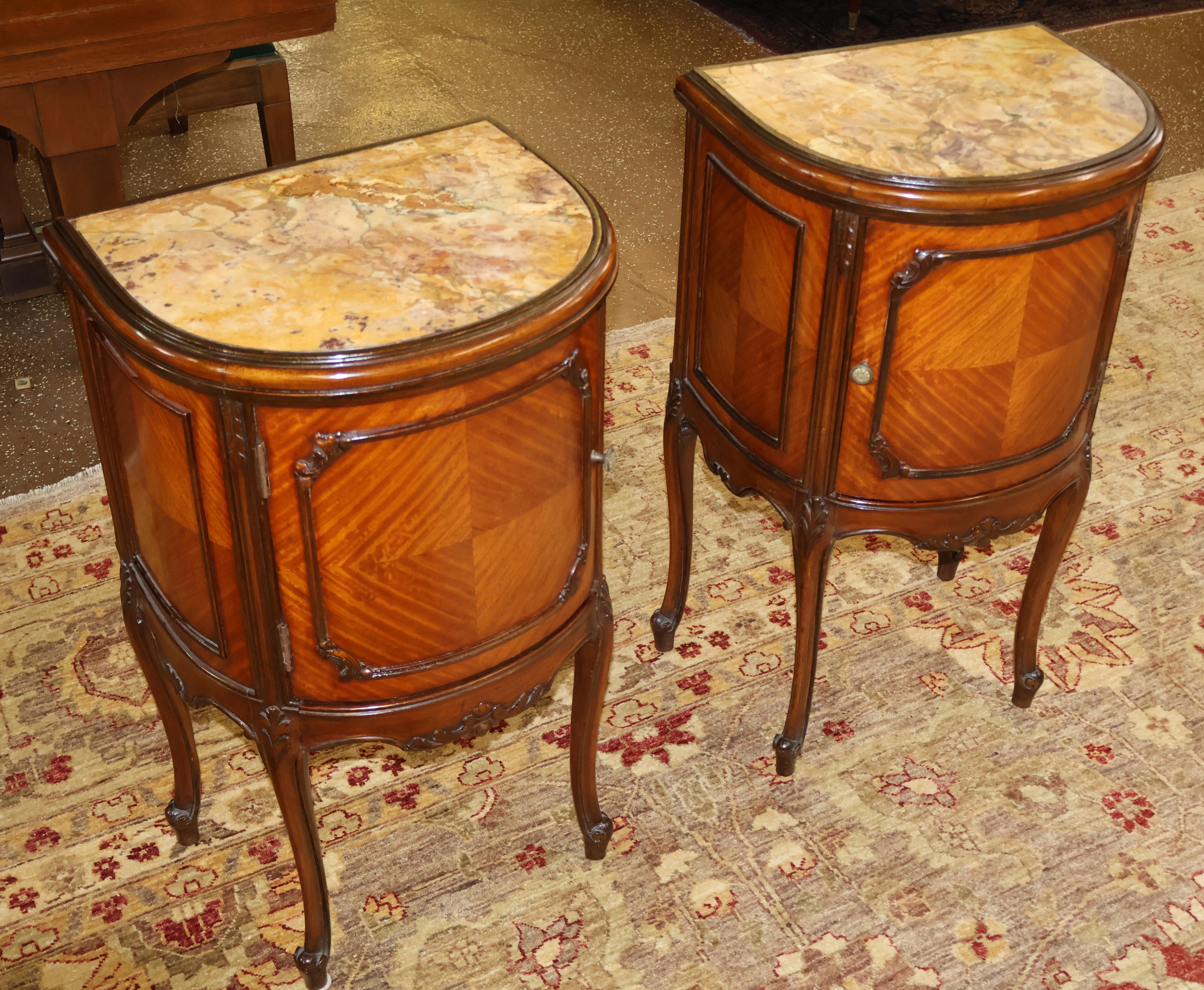 Early 20th Century French Louis XV Style Marble Top Kingwood End Table Nightstands Circa 1920's