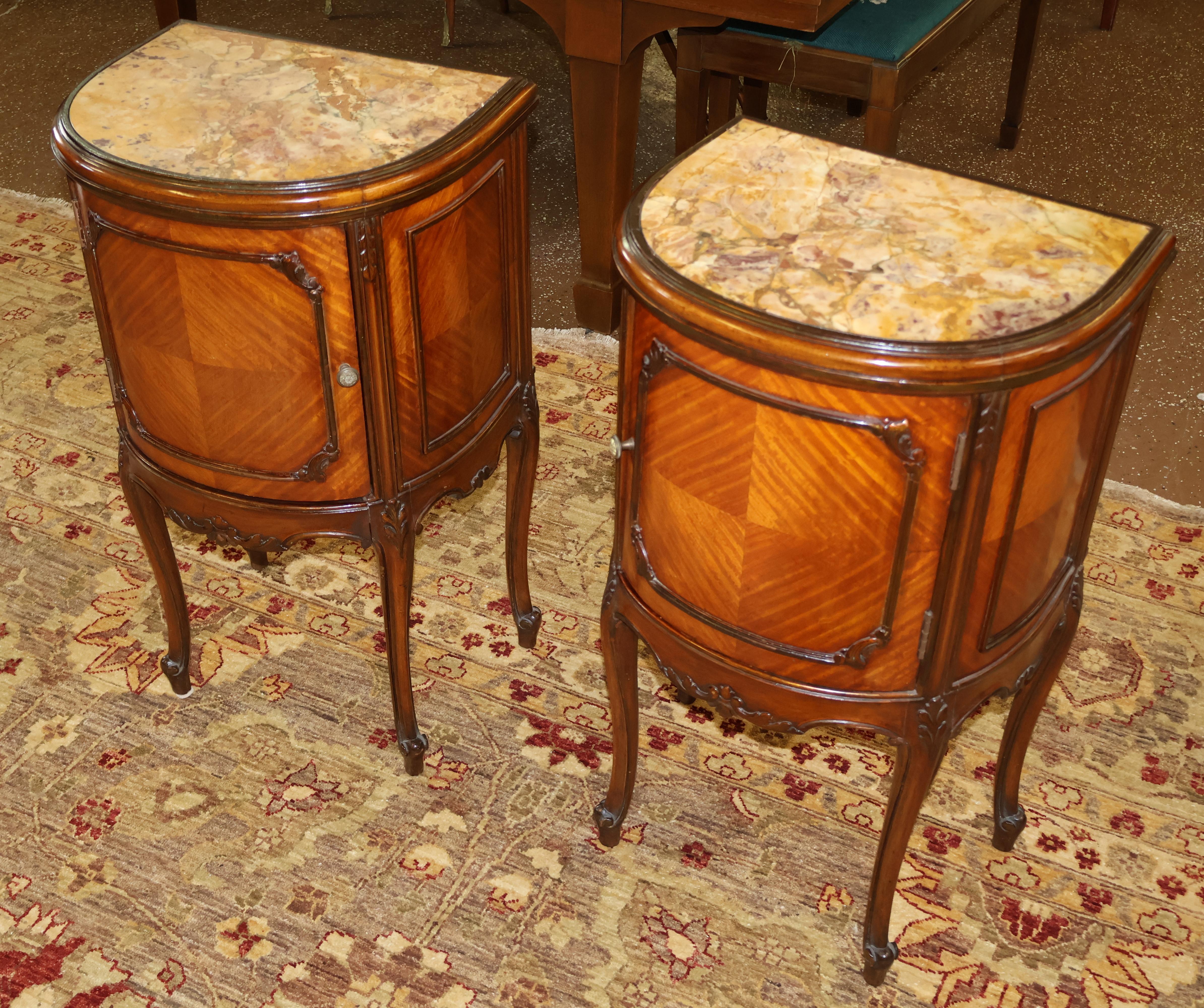 French Louis XV Style Marble Top Kingwood End Table Nightstands Circa 1920's 1