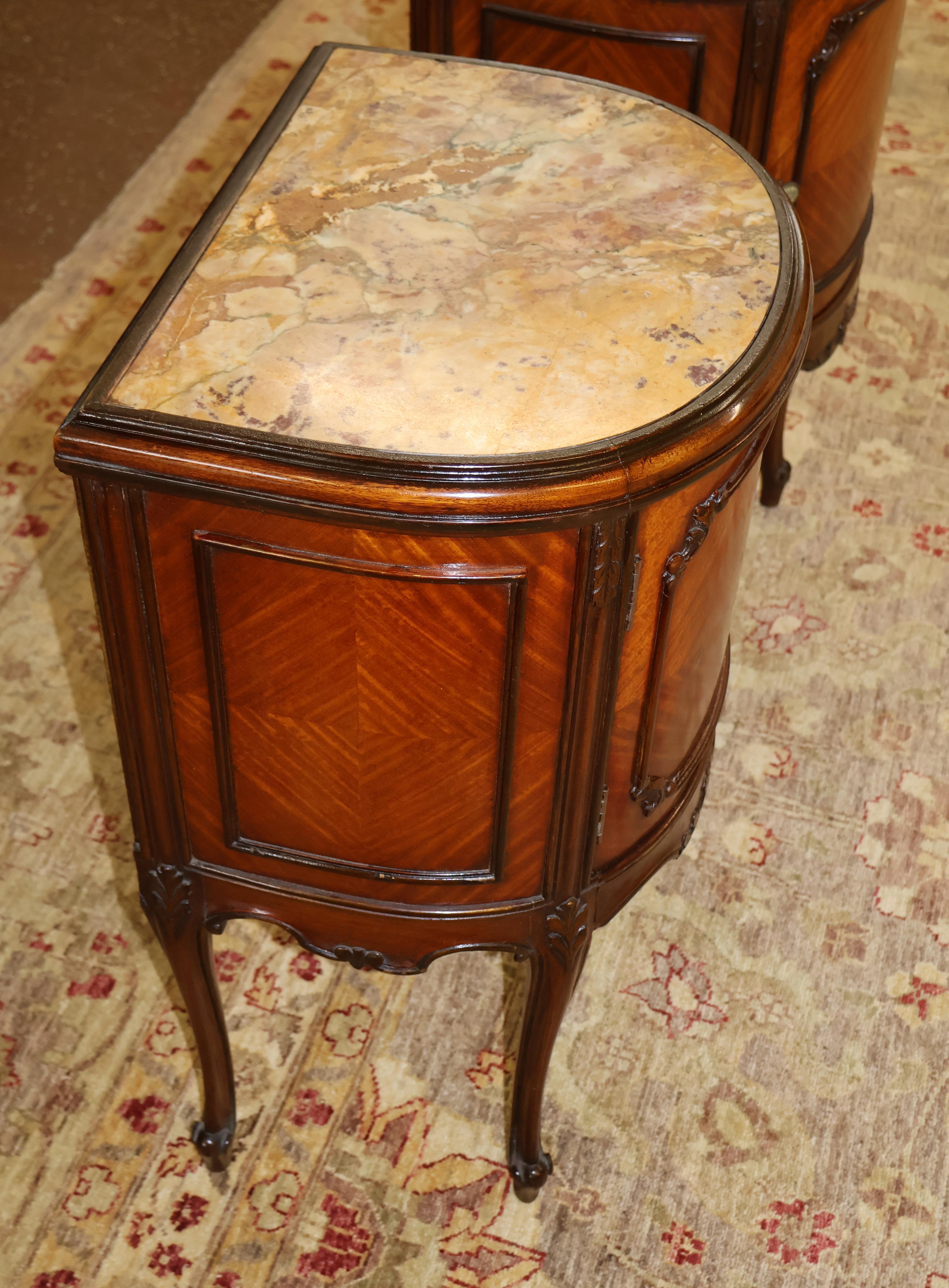 French Louis XV Style Marble Top Kingwood End Table Nightstands Circa 1920's 2