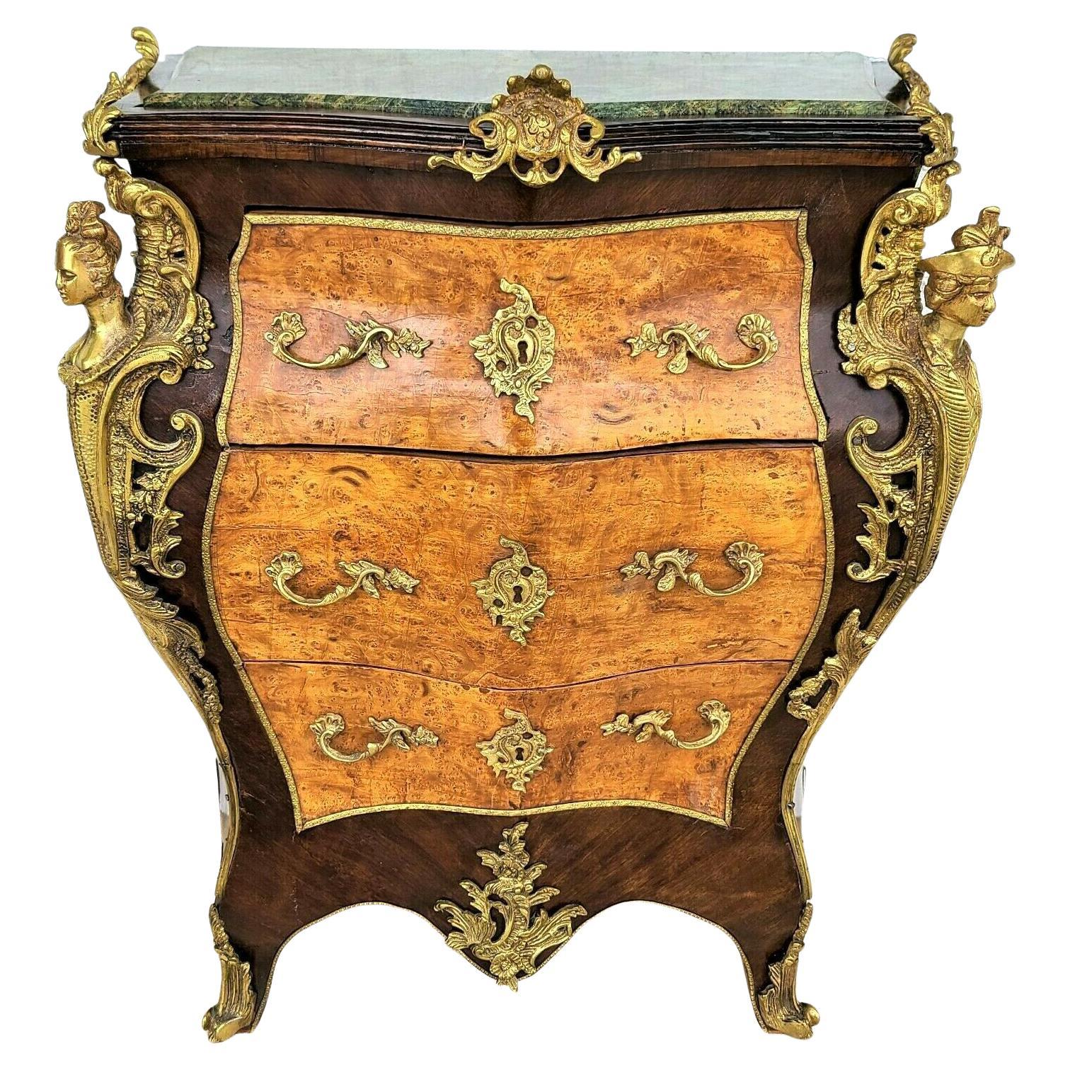 French Louis XV Style Marble Top 
Male Female Gilt Ormolu Mounts Bombe Commode