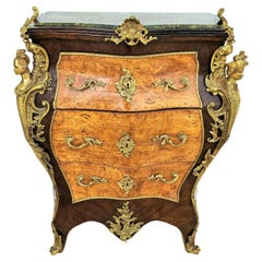 French Louis XV Style Marble Top & Male Female Gilt Ormolu Mounts Bombe Commode