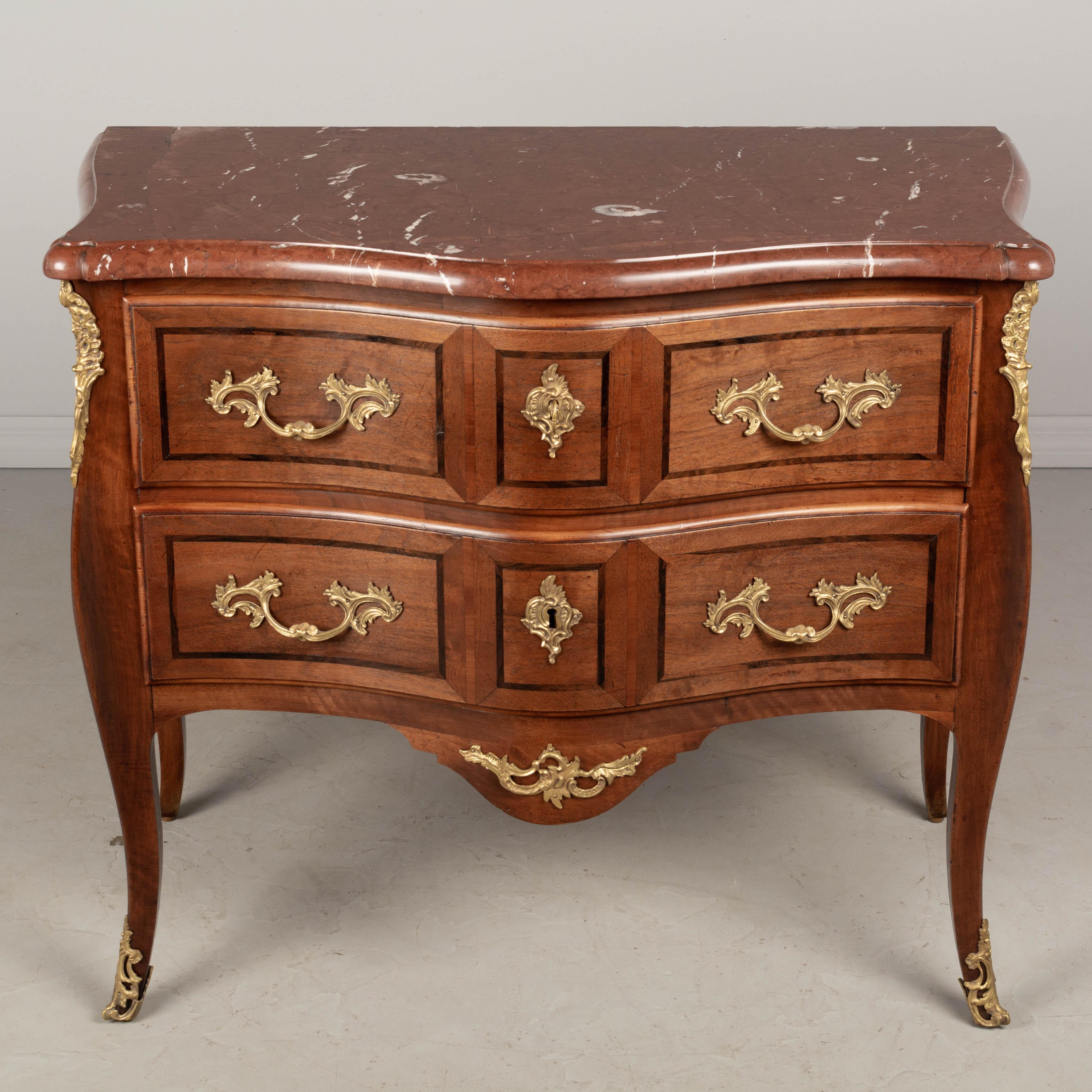 Cast French Louis XV Style Marble Top Marquetry Commode For Sale