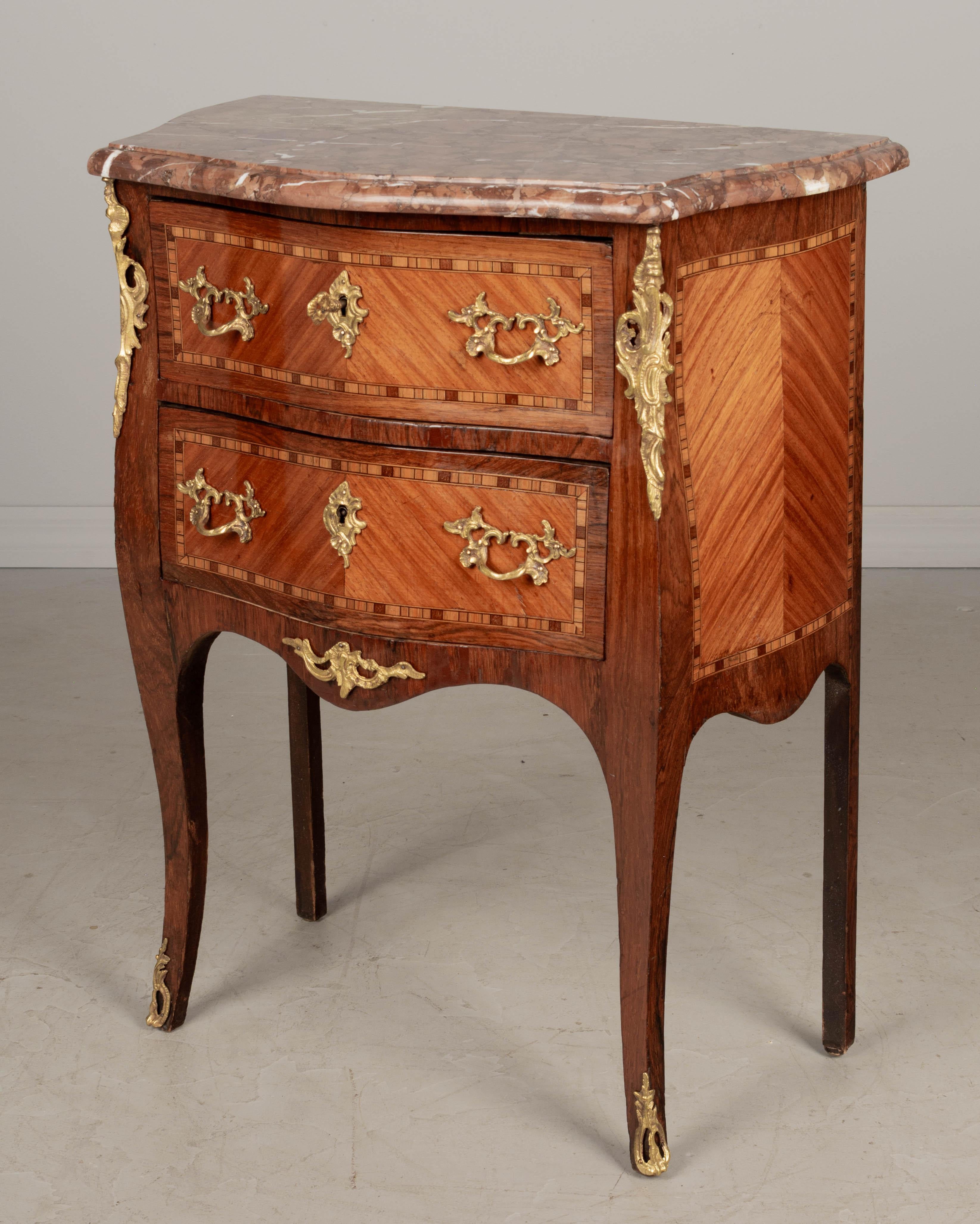 20th Century French Louis XV Style Marble Top Marquetry Commode For Sale