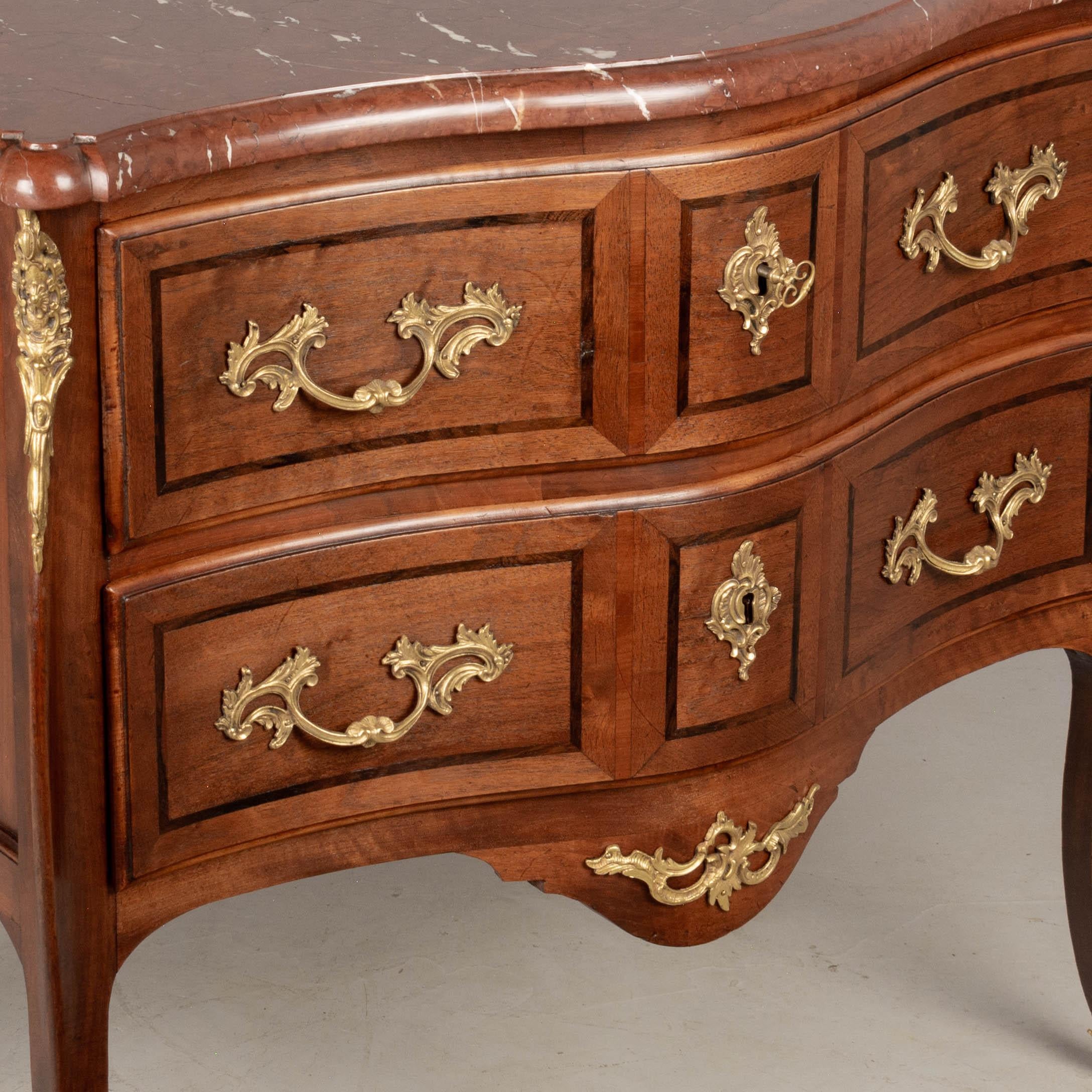 20th Century French Louis XV Style Marble Top Marquetry Commode For Sale