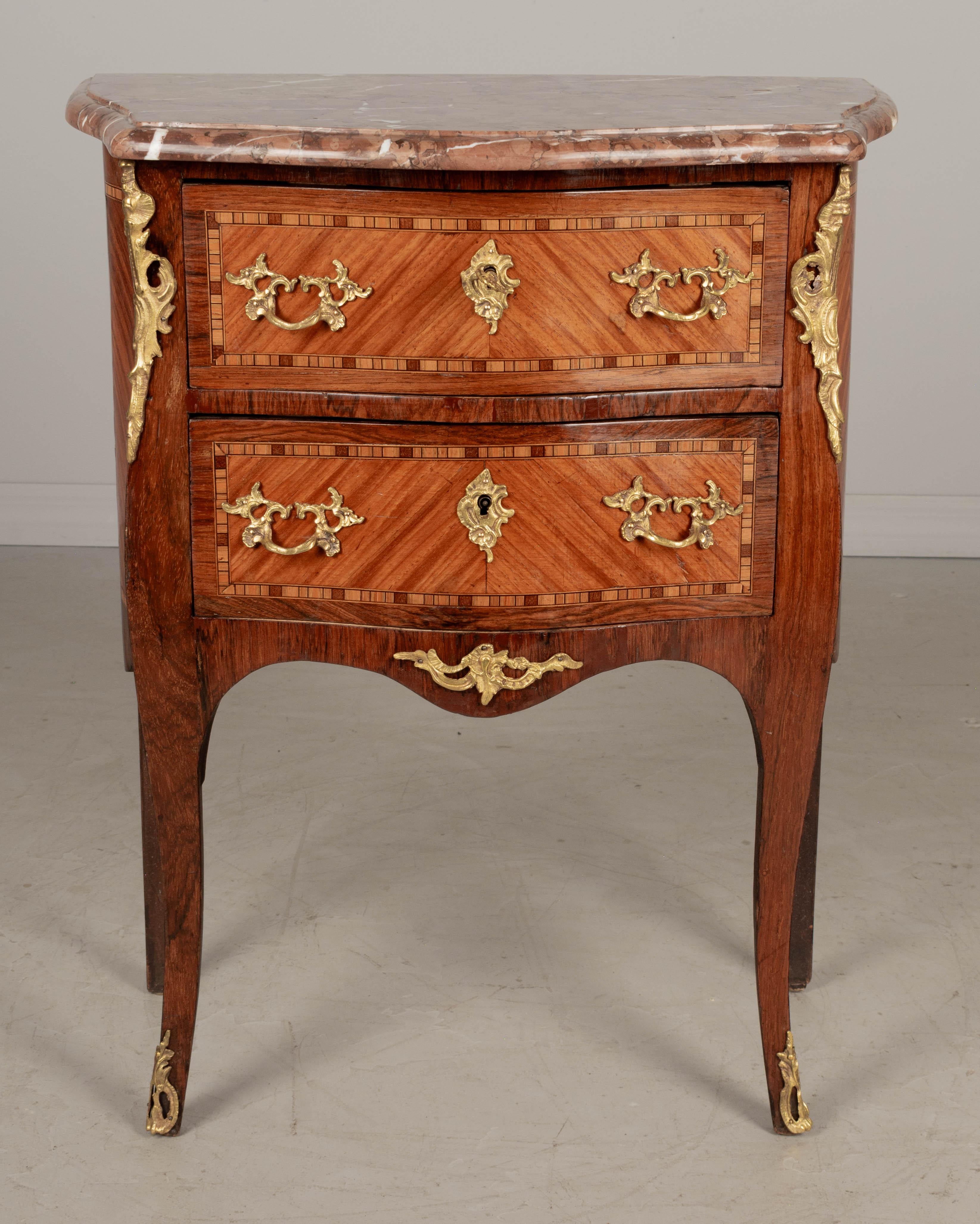 Mahogany French Louis XV Style Marble Top Marquetry Commode For Sale