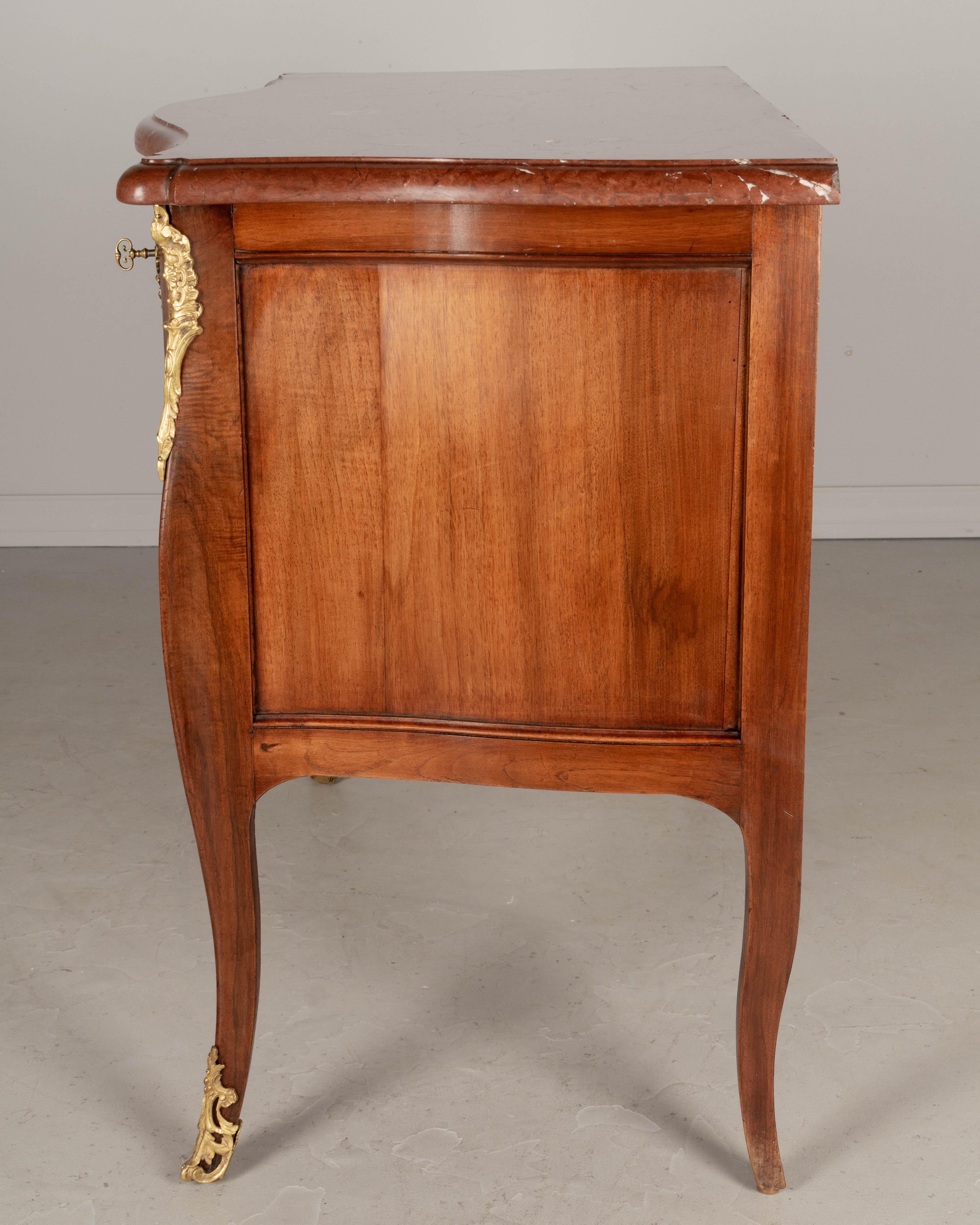 Bronze French Louis XV Style Marble Top Marquetry Commode For Sale