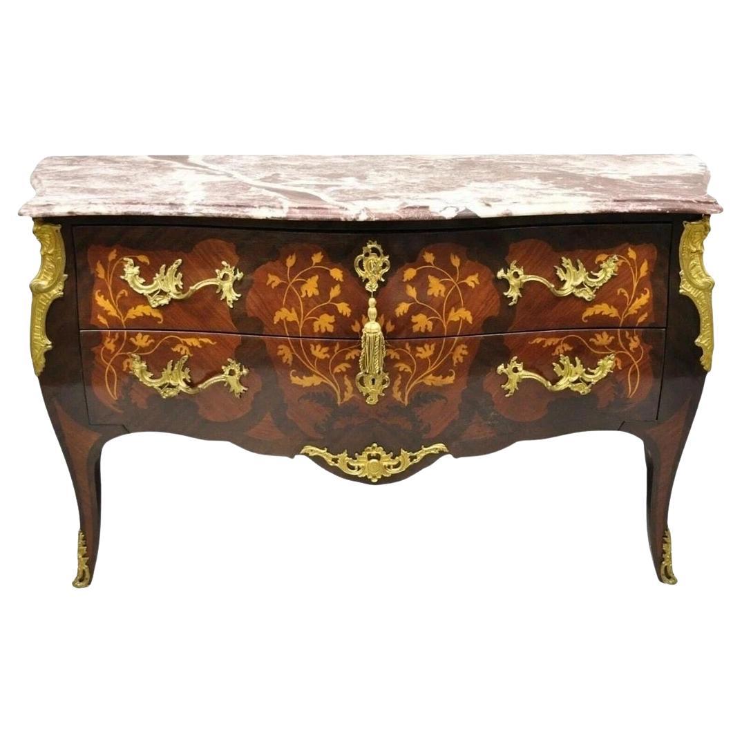 French Louis XV Style Marble Top Marquetry Inlay 
Bronze Bombe Commode Dresser For Sale