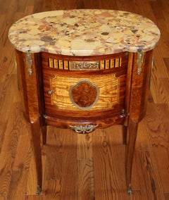 French Louis XV Style Marble Top Mixed Wood Inlaid End Table Nightstand C 1920