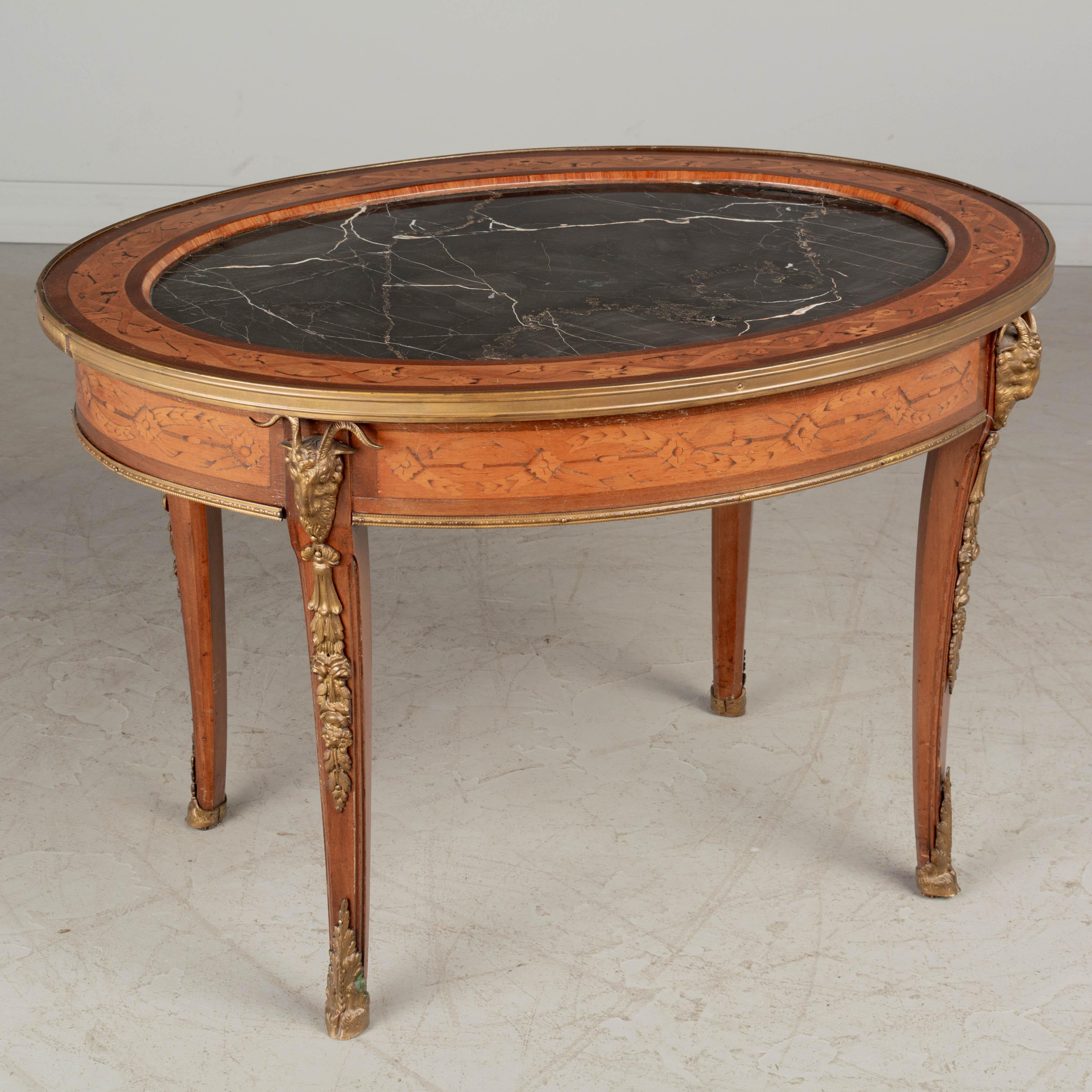Hand-Crafted French Louis XV Style Marble Top Oval Coffee Table For Sale