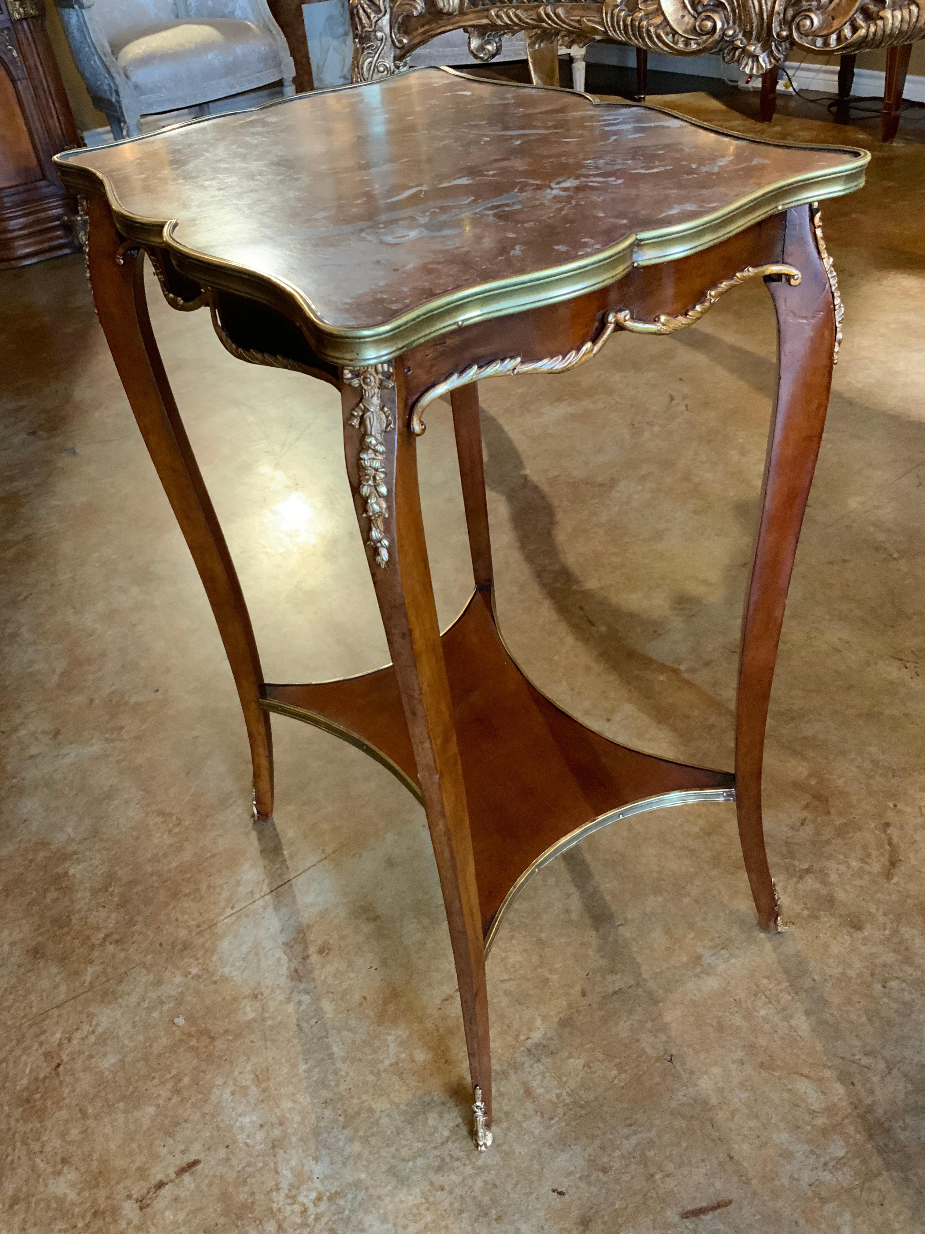 Mahogany French Louis XV Style Marble-Top Side Table, 19th Century For Sale