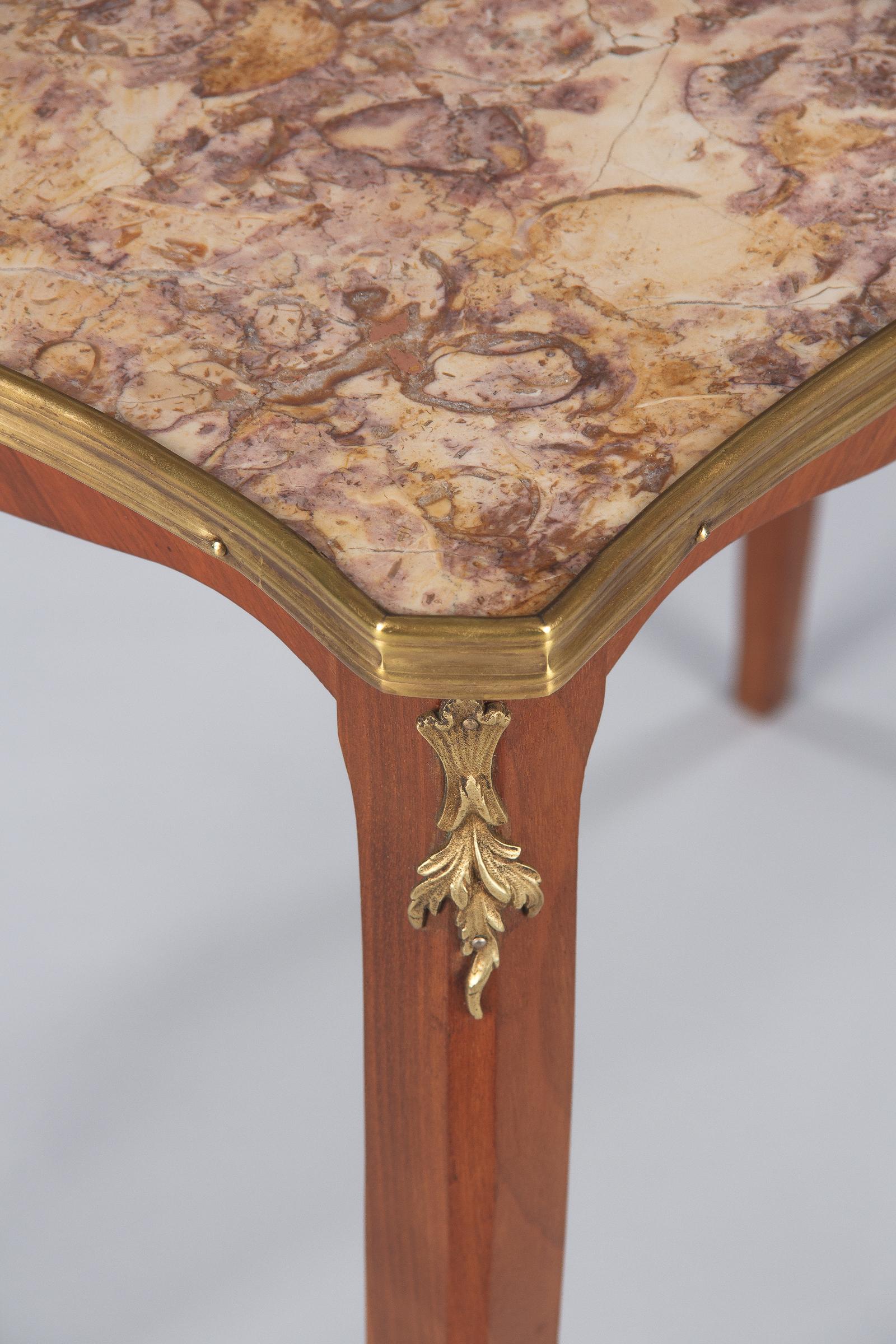Brass French Louis XV Style Cherrywood and Marble-Top Side Table, 1940s