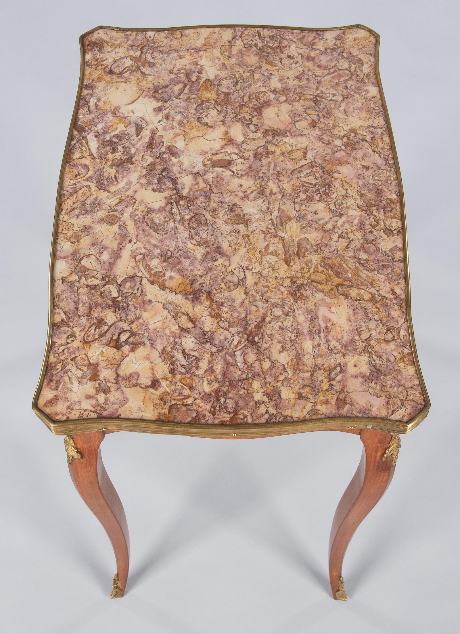 French Louis XV Style Cherrywood and Marble-Top Side Table, 1940s 1