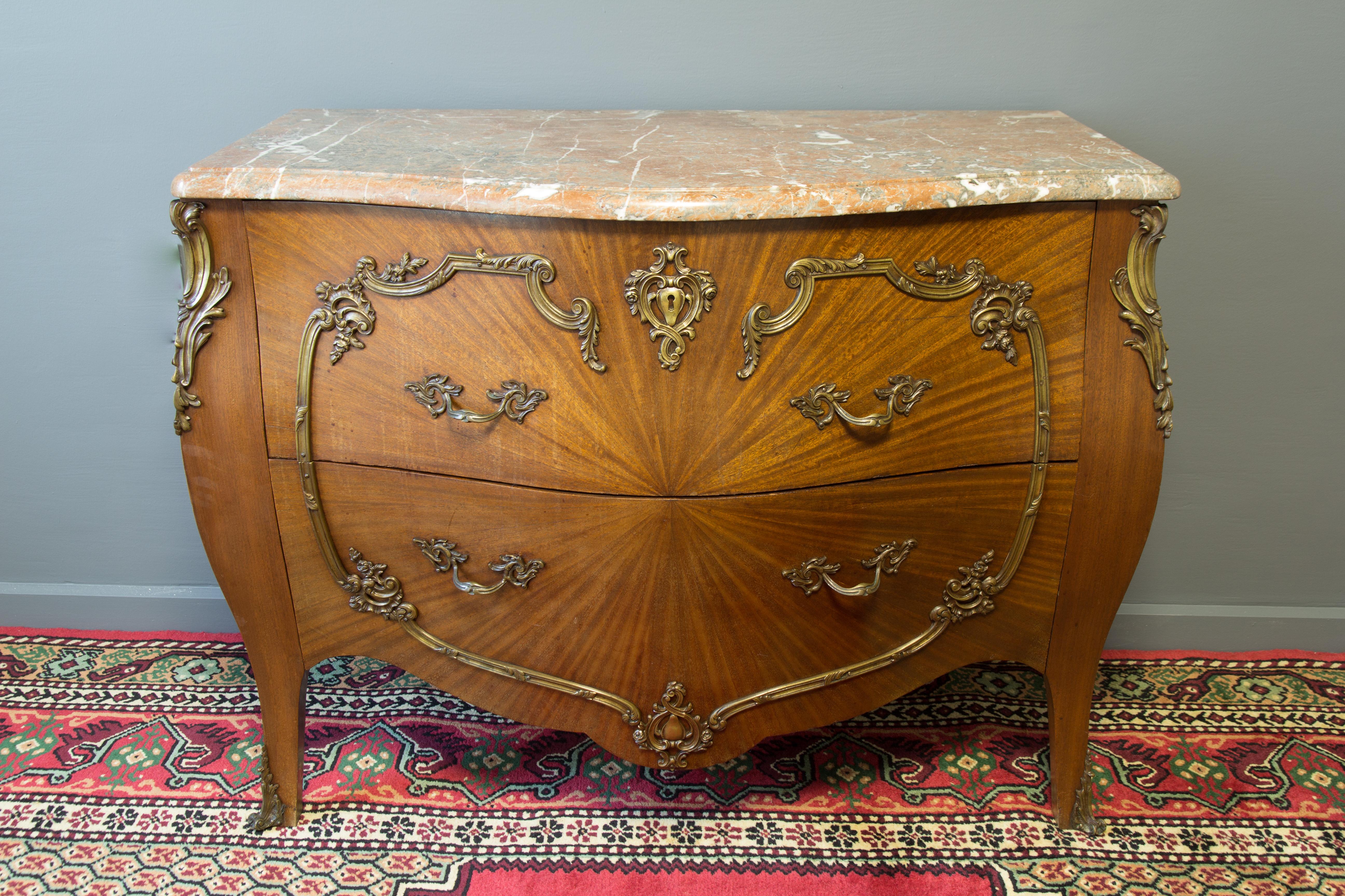 Mid-20th Century French Louis XV Style Marble Topped Bronze Mounted Commode