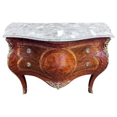 French Louis XV Style Marquetry and Bronze Bombe Chest of Drawers Dresser
