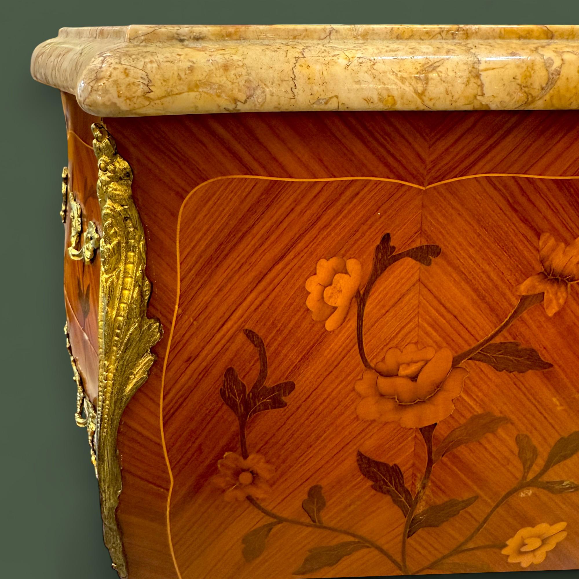 French Louis XV Style Marquetry bedside table with Marble Top For Sale 6