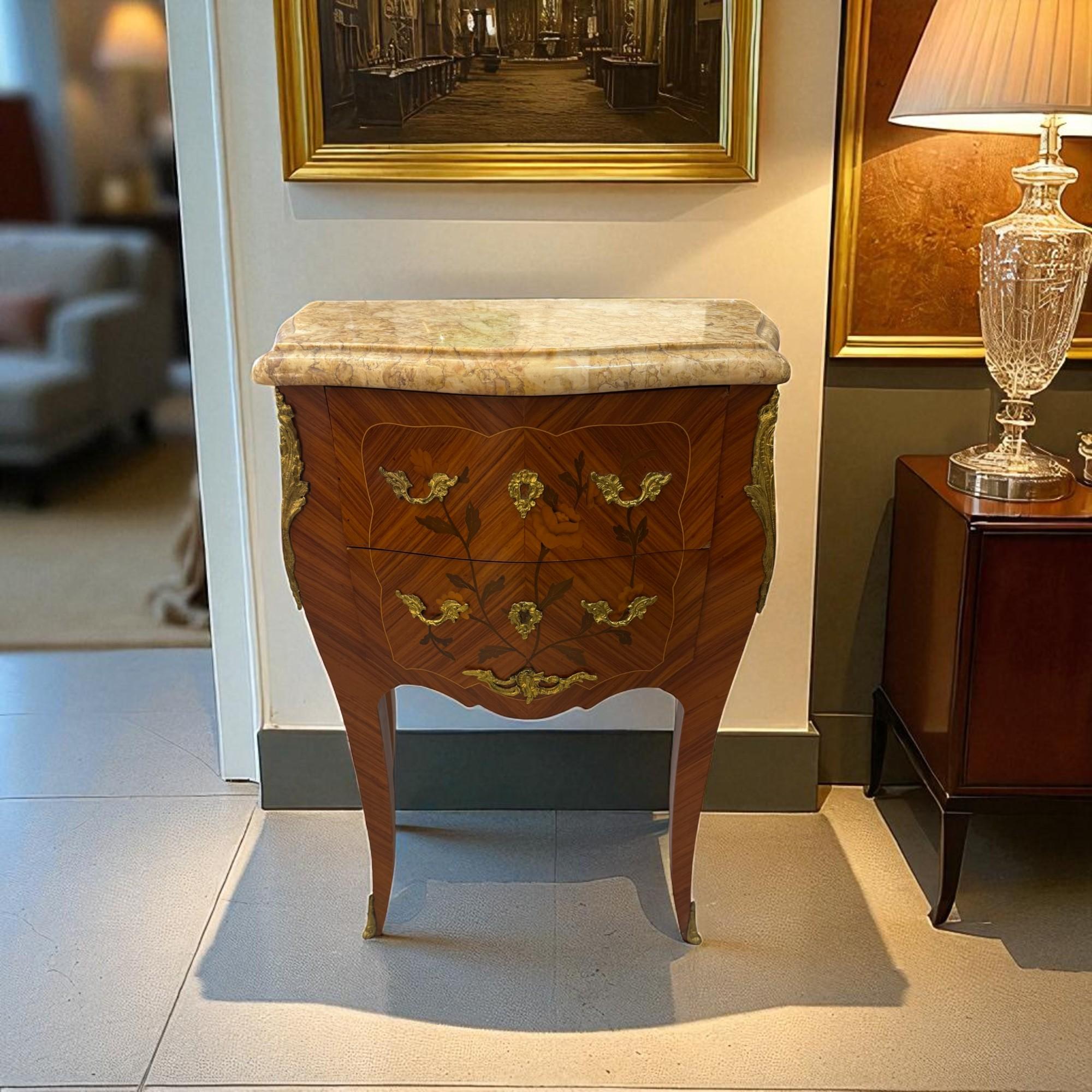 Hand-Crafted French Louis XV Style Marquetry bedside table with Marble Top For Sale