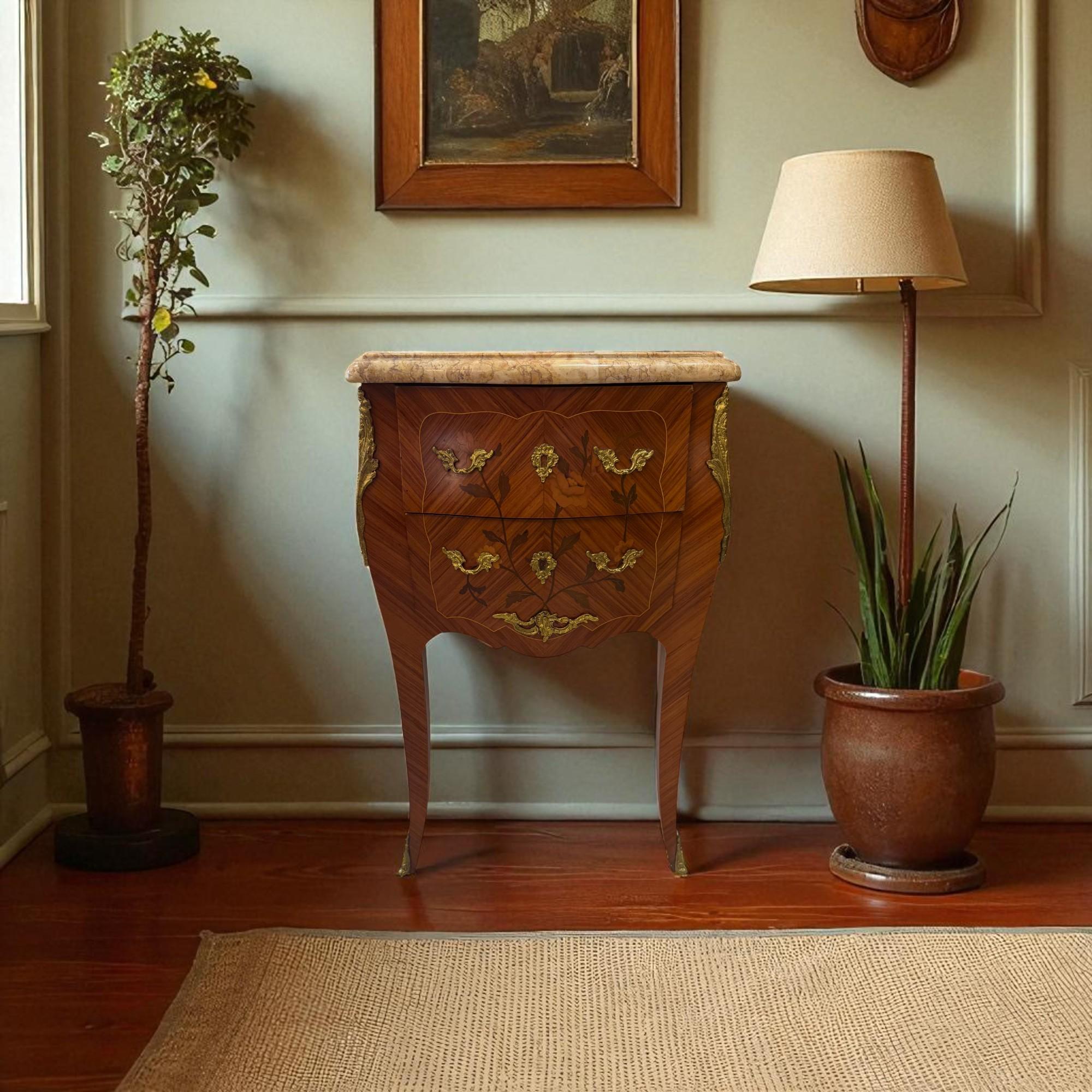 French Louis XV Style Marquetry bedside table with Marble Top In Good Condition For Sale In NICE, FR
