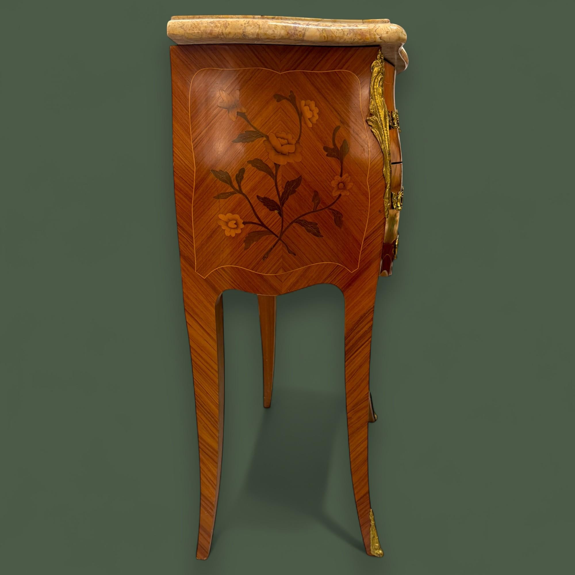 Bronze French Louis XV Style Marquetry bedside table with Marble Top For Sale