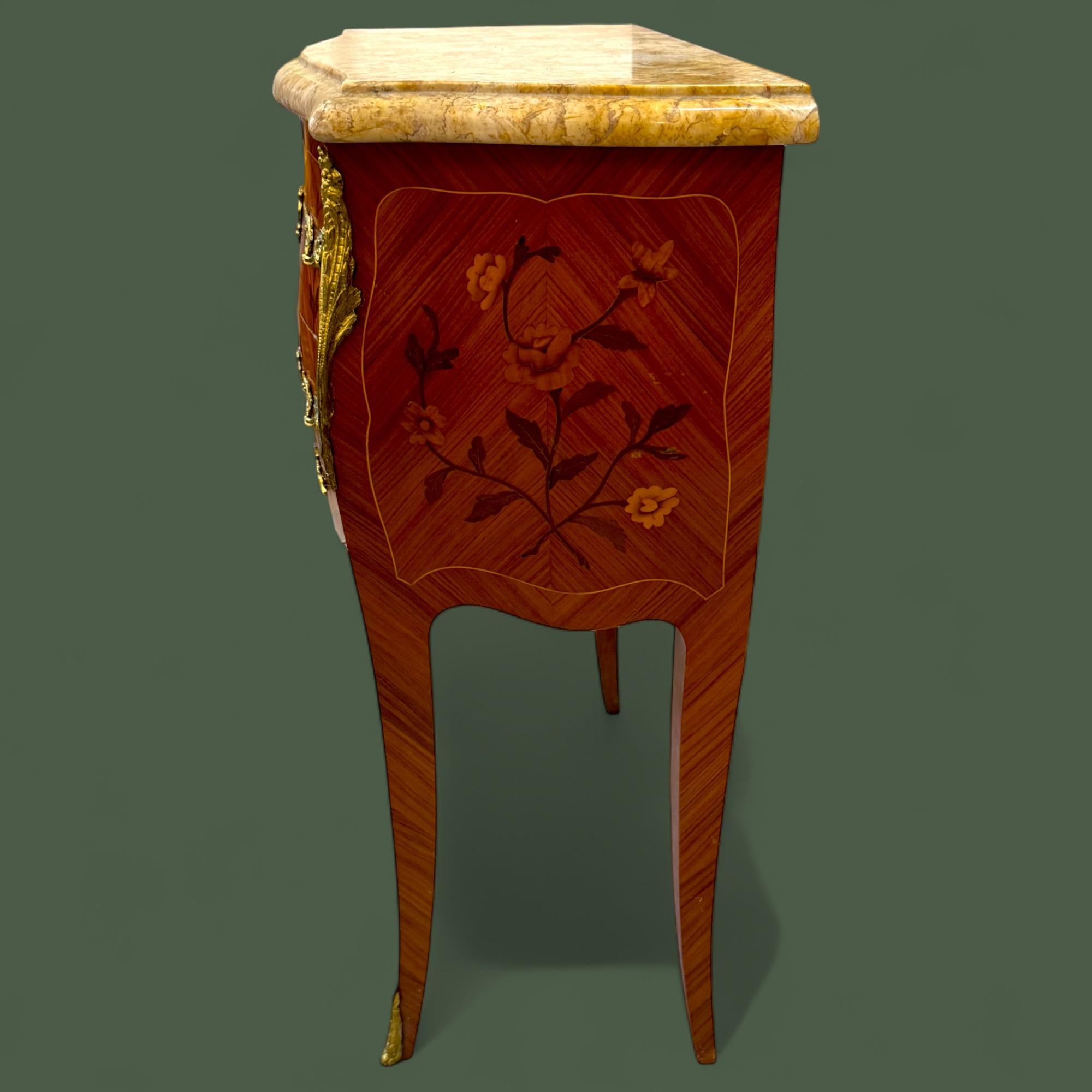 French Louis XV Style Marquetry bedside table with Marble Top For Sale 1
