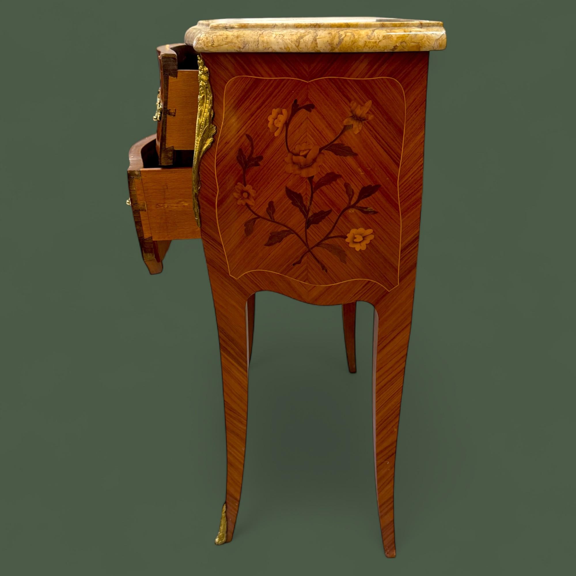 French Louis XV Style Marquetry bedside table with Marble Top For Sale 2