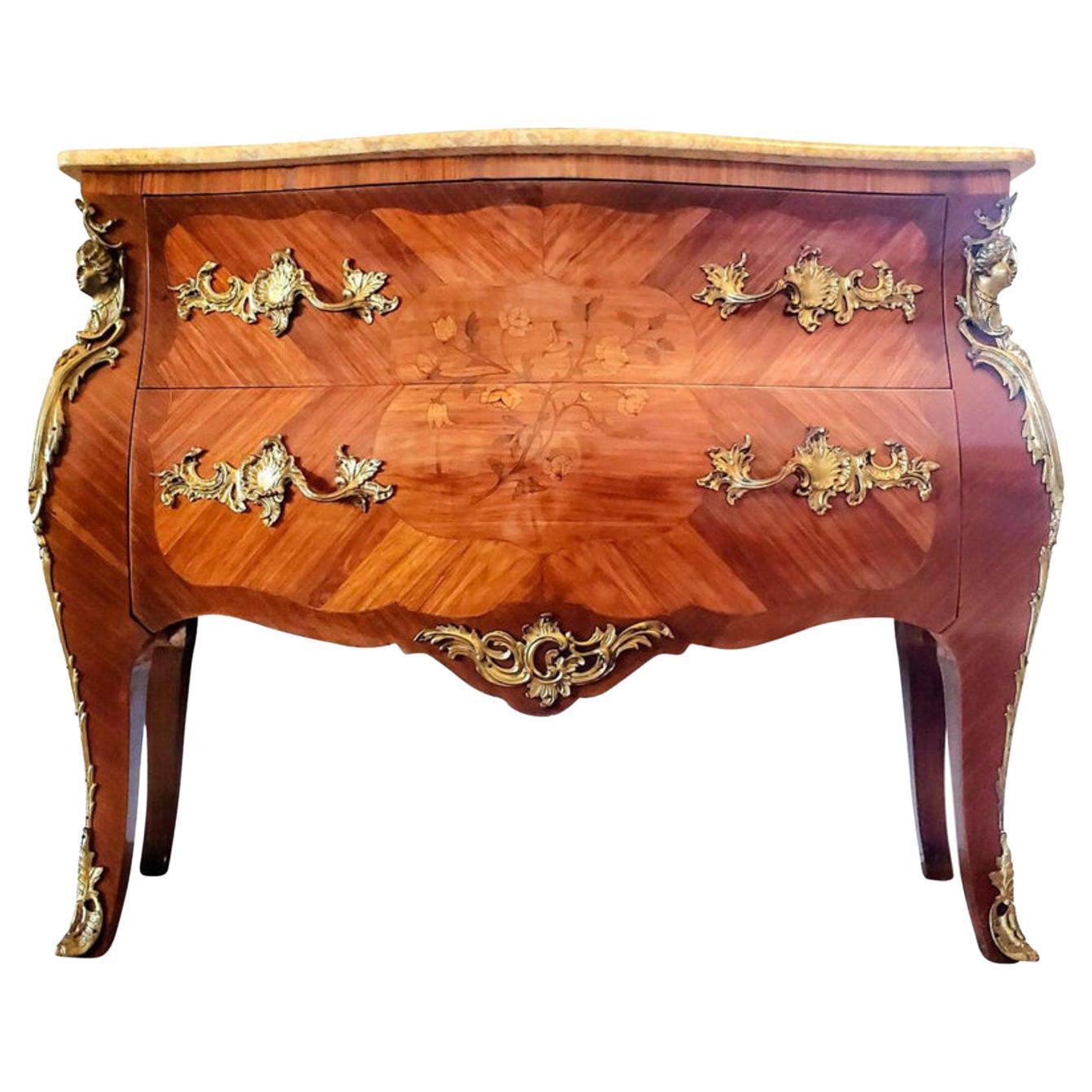 French Louis XV Style Marquetry Bombe Chest of Drawers