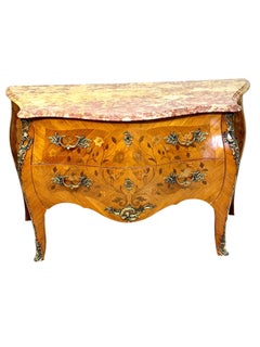 French Louis XV Style Marquetry Commode with Marble Top, Late 19th Century