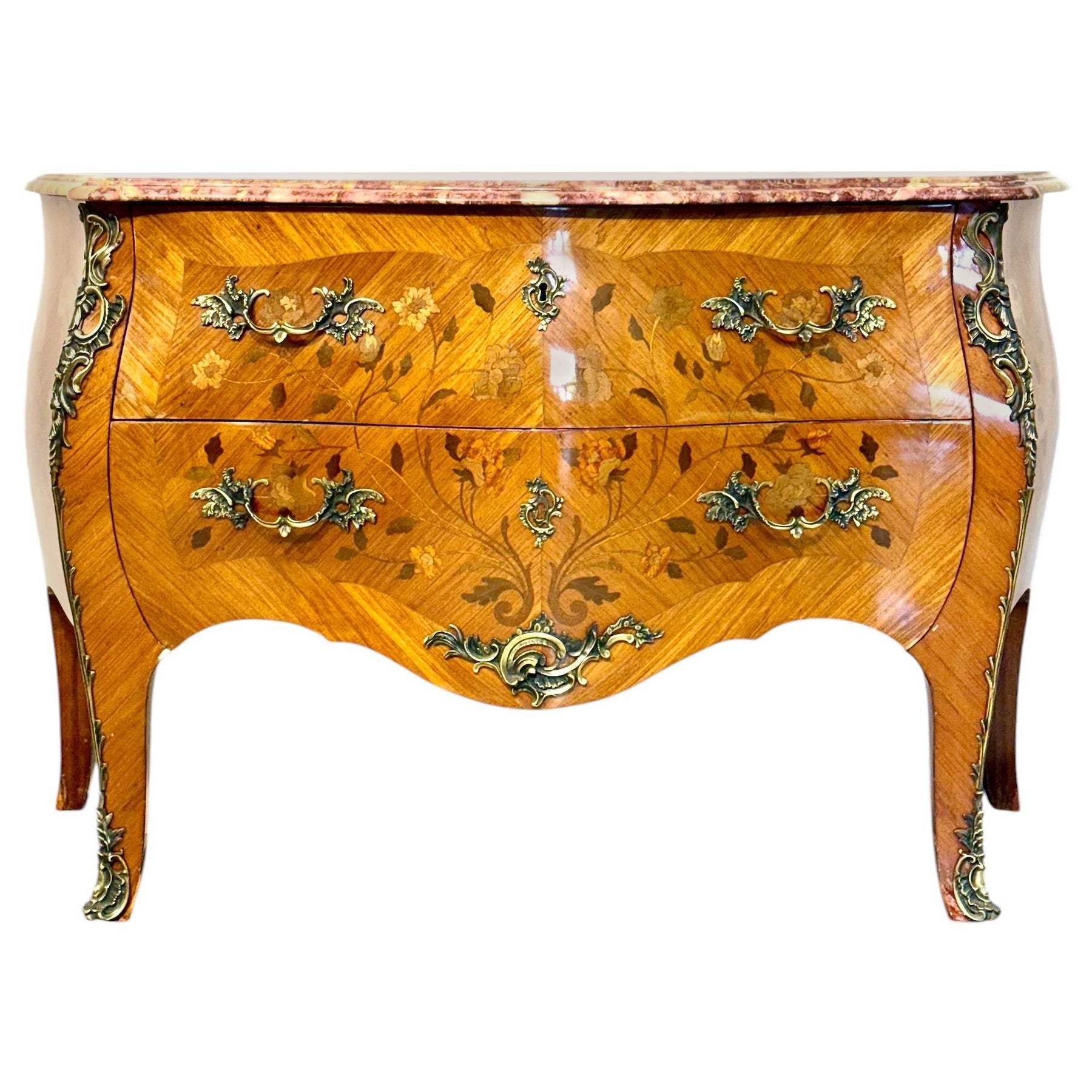 French Louis XV Style Marquetry Commode with Marble Top, Late 19th Century