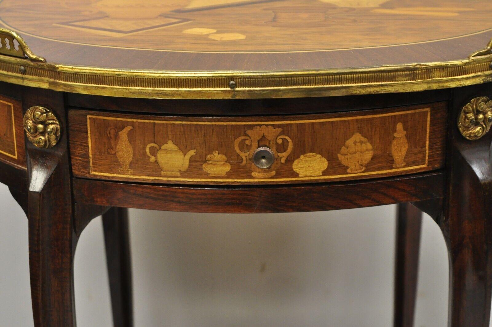 Brass French Louis XV Style Marquetry Inlay Bronze Ormolu Accent Side Table For Sale