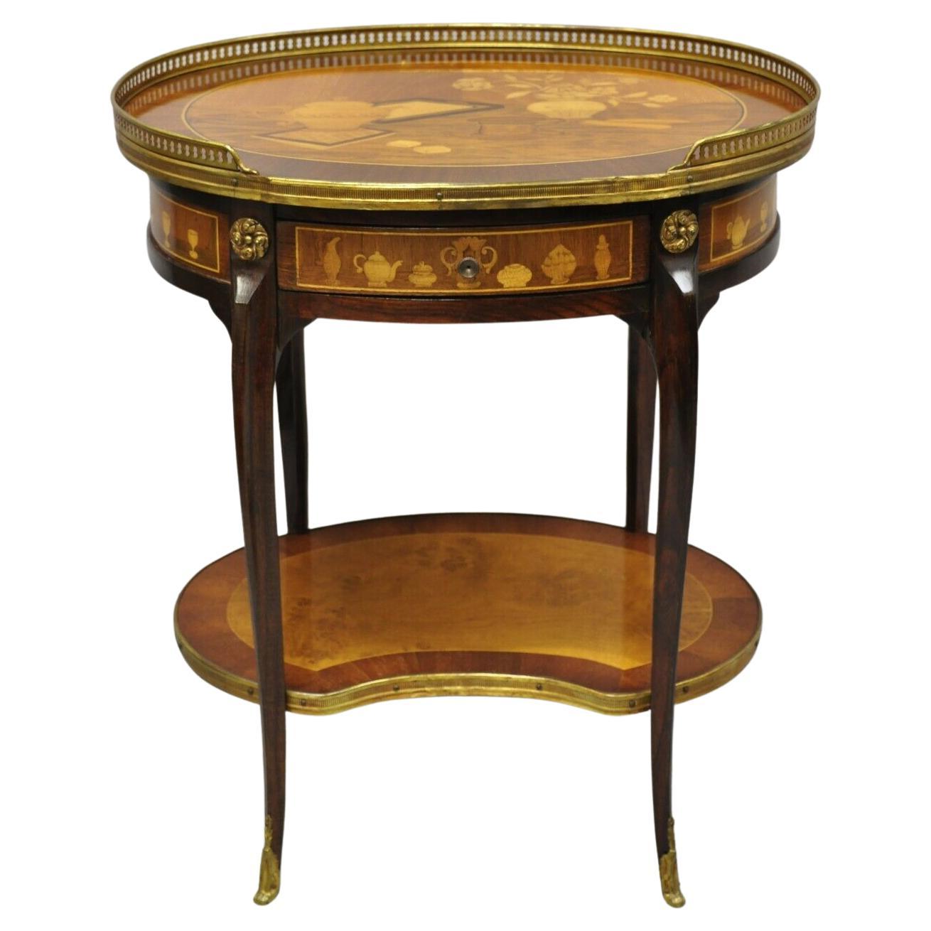 French Louis XV Style Marquetry Inlay Bronze Ormolu Accent Side Table For Sale