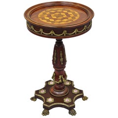 French Louis XV Style Marquetry Inlay Round Accent Side Table with Bronze Ormolu