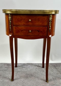 French Louis XV Style Marquetry Two-Drawer Kidney Shape Nightstand, Brass Rail
