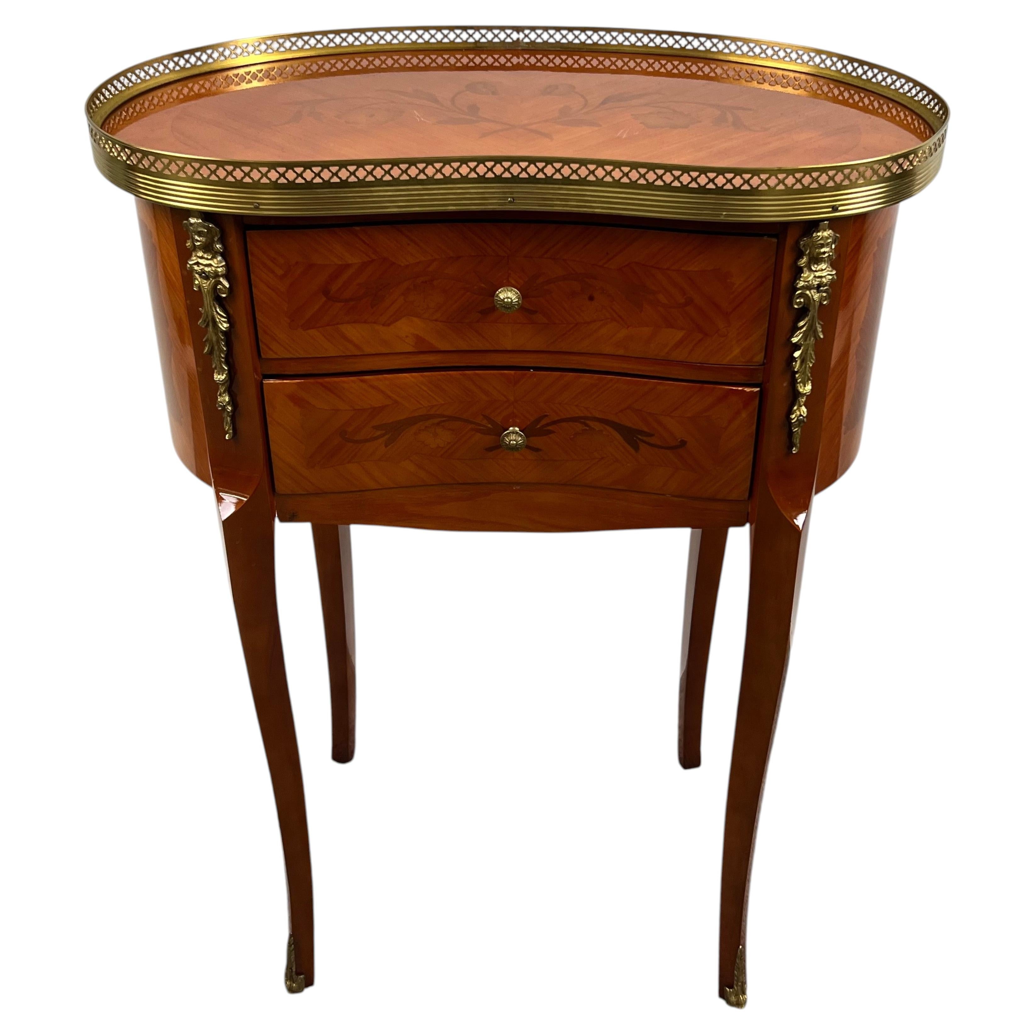 French Louis XV Style Marquetry Two-Drawer Kidney Shape Nightstand, Brass Rail For Sale