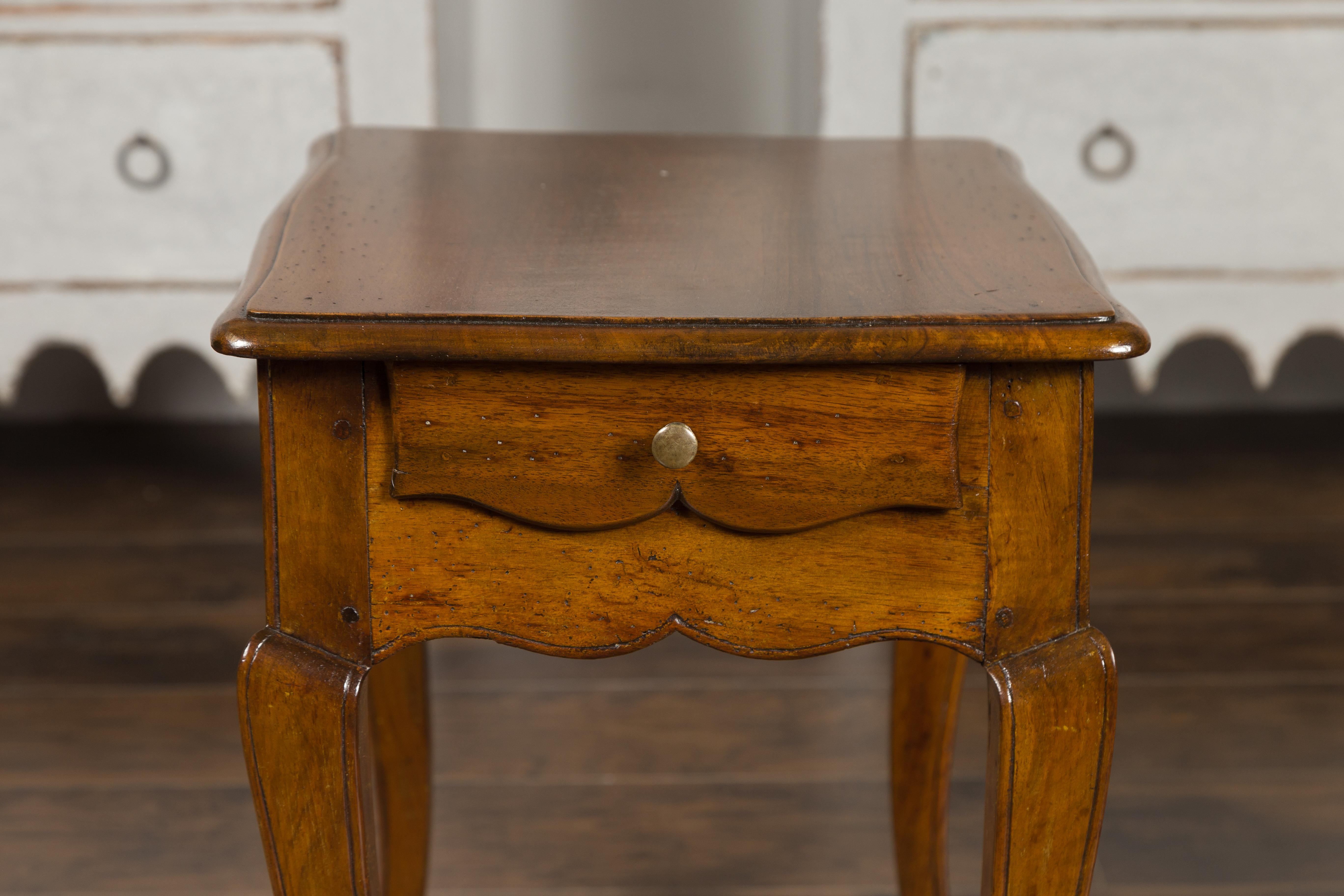 French Louis XV Style Midcentury Walnut Side Table with Long Single Drawer In Good Condition In Atlanta, GA