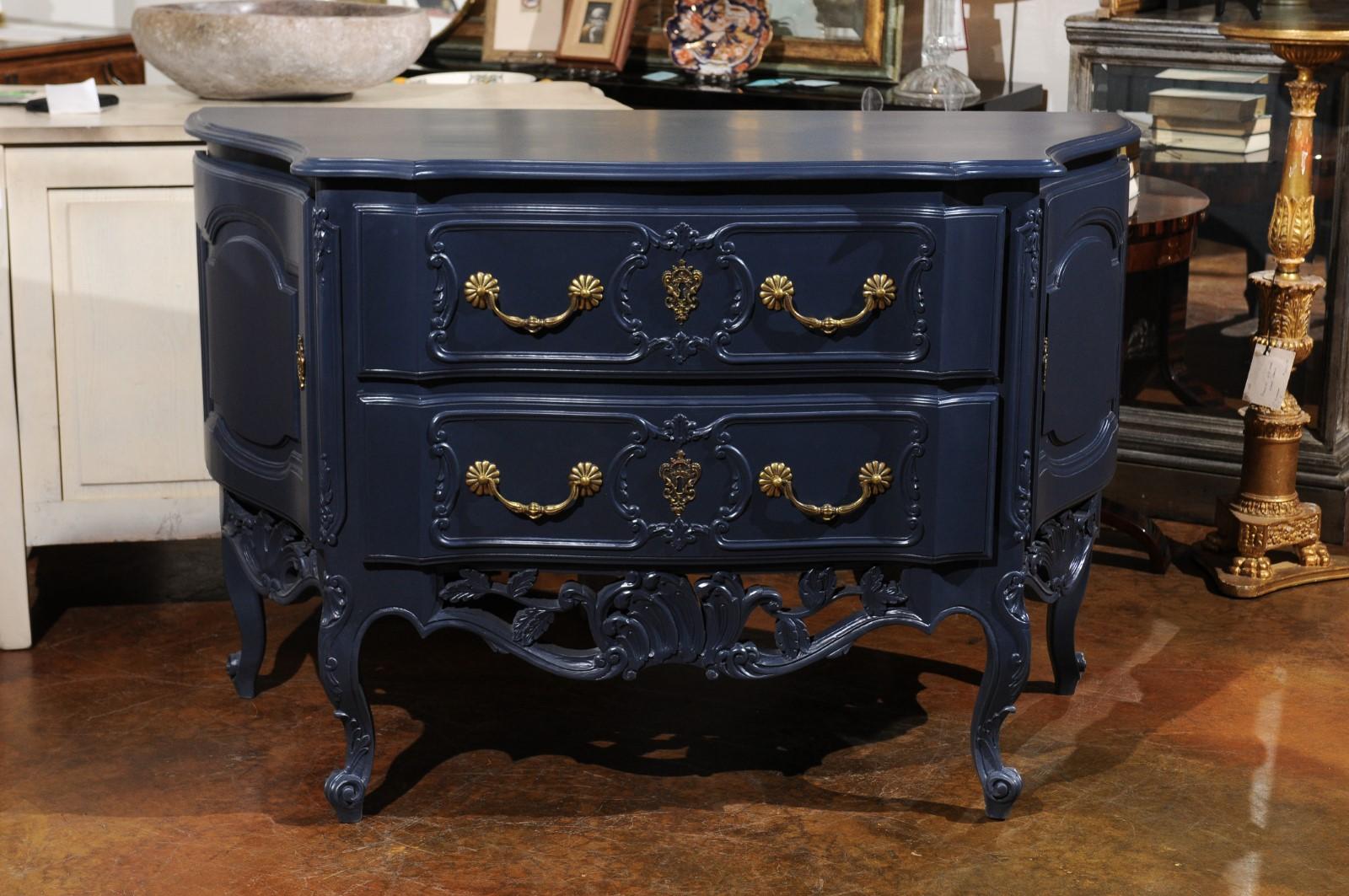French Louis XV Style Midnight Blue Painted Two-Drawer Chest with Carved Skirt For Sale 5